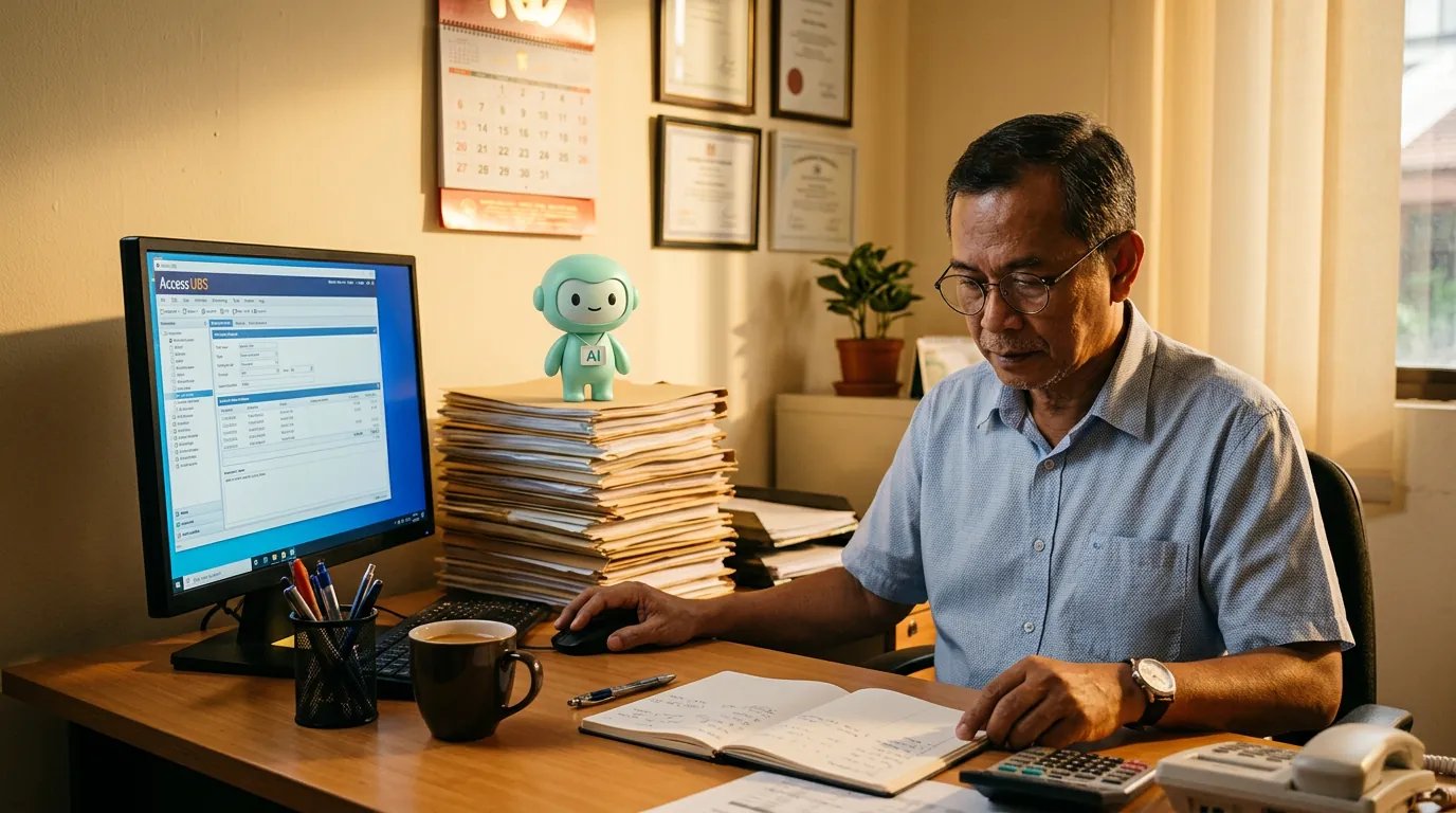 A warm wooden desk in a Malaysian accounting firm in Petaling Jaya, a desktop monitor showing the Access UBS ledger, a stack of physical client folders, and the mint-green minidesk mascot standing beside the keyboard with a small 'AI' badge.