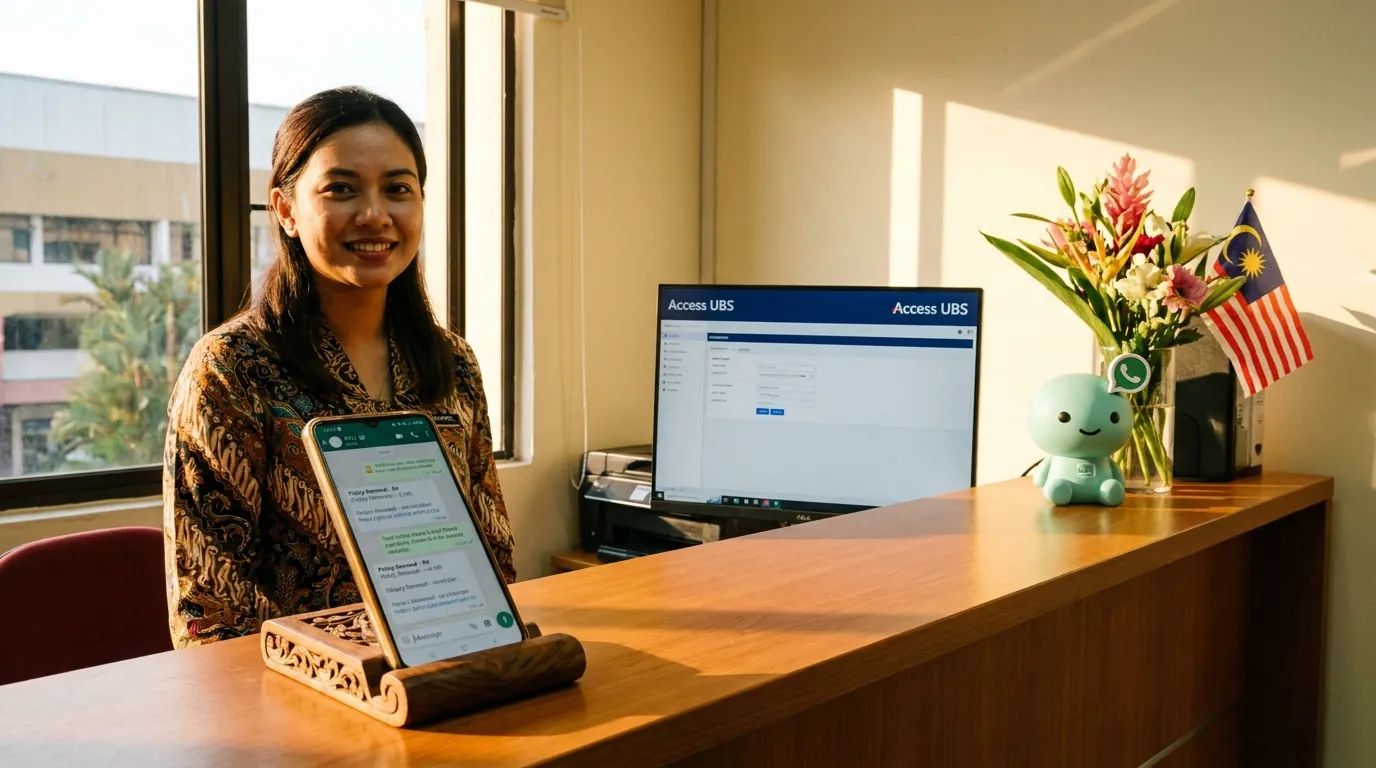 A wooden counter in a Malaysian accounting firm in PJ, a smartphone showing a WhatsApp thread with a client, a desktop monitor in the background showing the Access UBS ledger, and the coral-terracotta marketer mascot holding a small envelope marked 'WhatsApp'.