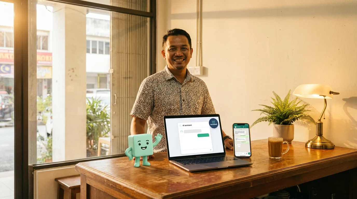 A warm wooden desk in a small business office, a laptop showing an AI assistant conversation, a stack of receipts and invoices, and the mint-green minidesk mascot standing beside a small 'AI' badge.