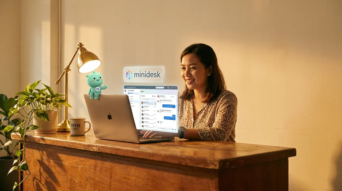 A warm wooden counter in a Malaysian cafe, a smartphone showing a WhatsApp conversation with a food order, a tablet showing the StoreHub POS dashboard, and the mint-green minidesk mascot standing beside a small 'AI' badge on a stack of receipts.