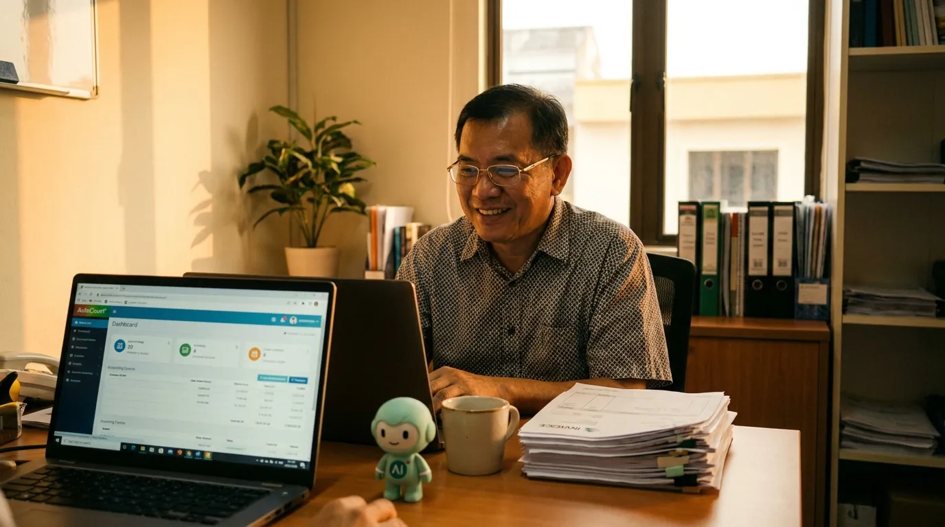 A warm wooden desk in a Malaysian AutoCount dealership, a desktop monitor showing the AutoCount Plugin Portal, an open notebook with a hand-drawn AI flow, and the mint-green minidesk mascot holding a small 'AI' sign next to a cardboard 'Plugin Portal' box.