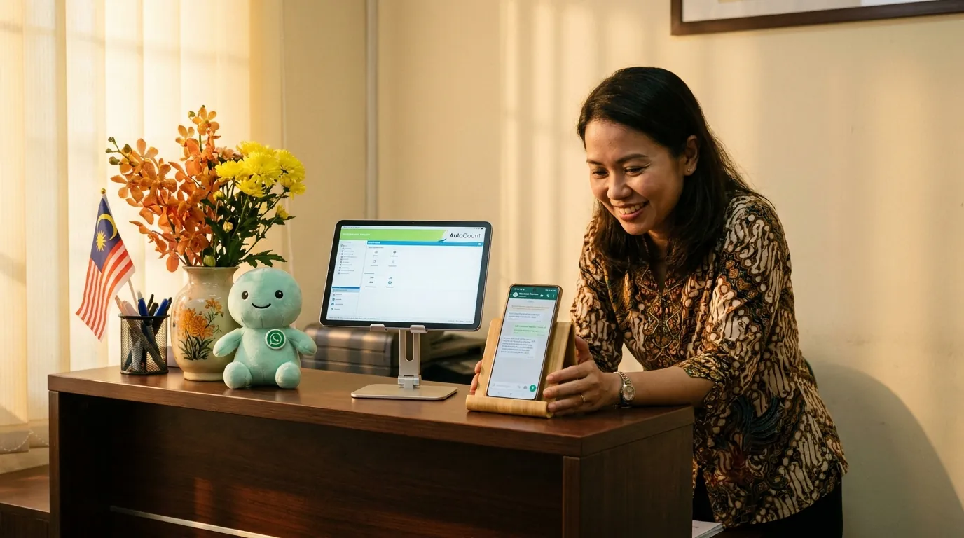 A wooden counter in a Malaysian SME, a smartphone showing a WhatsApp thread with a B2B customer, a desktop monitor showing AutoCount in the background, and the coral-terracotta marketer mascot beside a small cardboard box labelled 'AutoCount' with a WhatsApp sticker on the side.