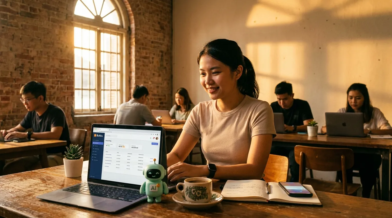 A wooden co-working desk in Petaling Jaya at golden hour, a thin laptop showing the Bukku dashboard, a small potted plant, and the mint-green minidesk mascot holding a small 'AI' cloud above a cardboard 'Bukku' sticker.
