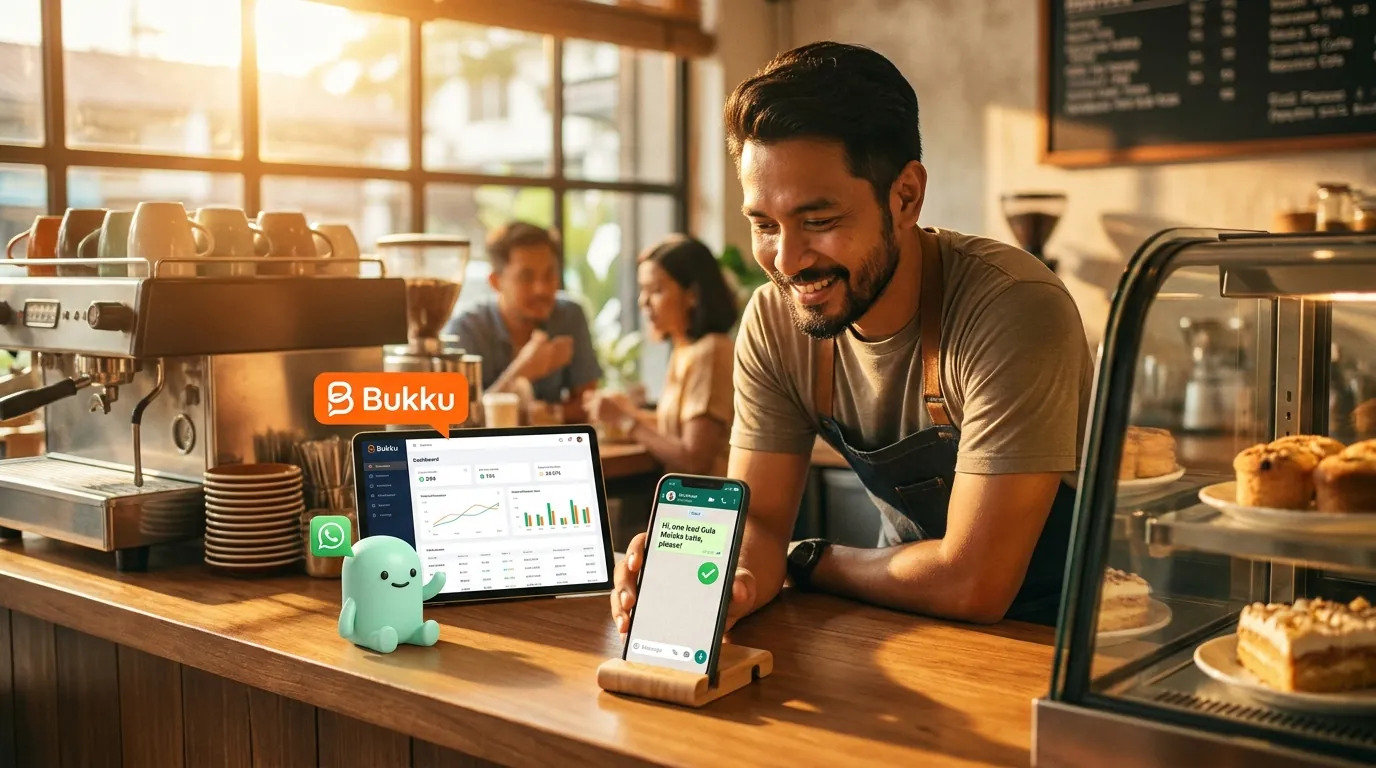 A wooden co-working desk in Petaling Jaya, a thin laptop showing a WhatsApp conversation alongside a Bukku invoice, and the coral-terracotta marketer mascot holding a small 'OAuth' badge.