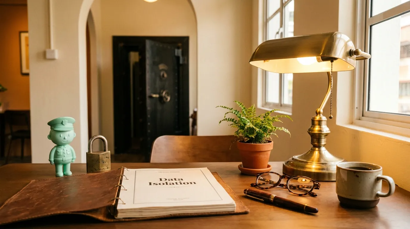 A brass key on a polished wooden desk beside a heavy brass banker's lamp, with a steel vault door glowing in the background and the mint-green admin mascot standing guard.