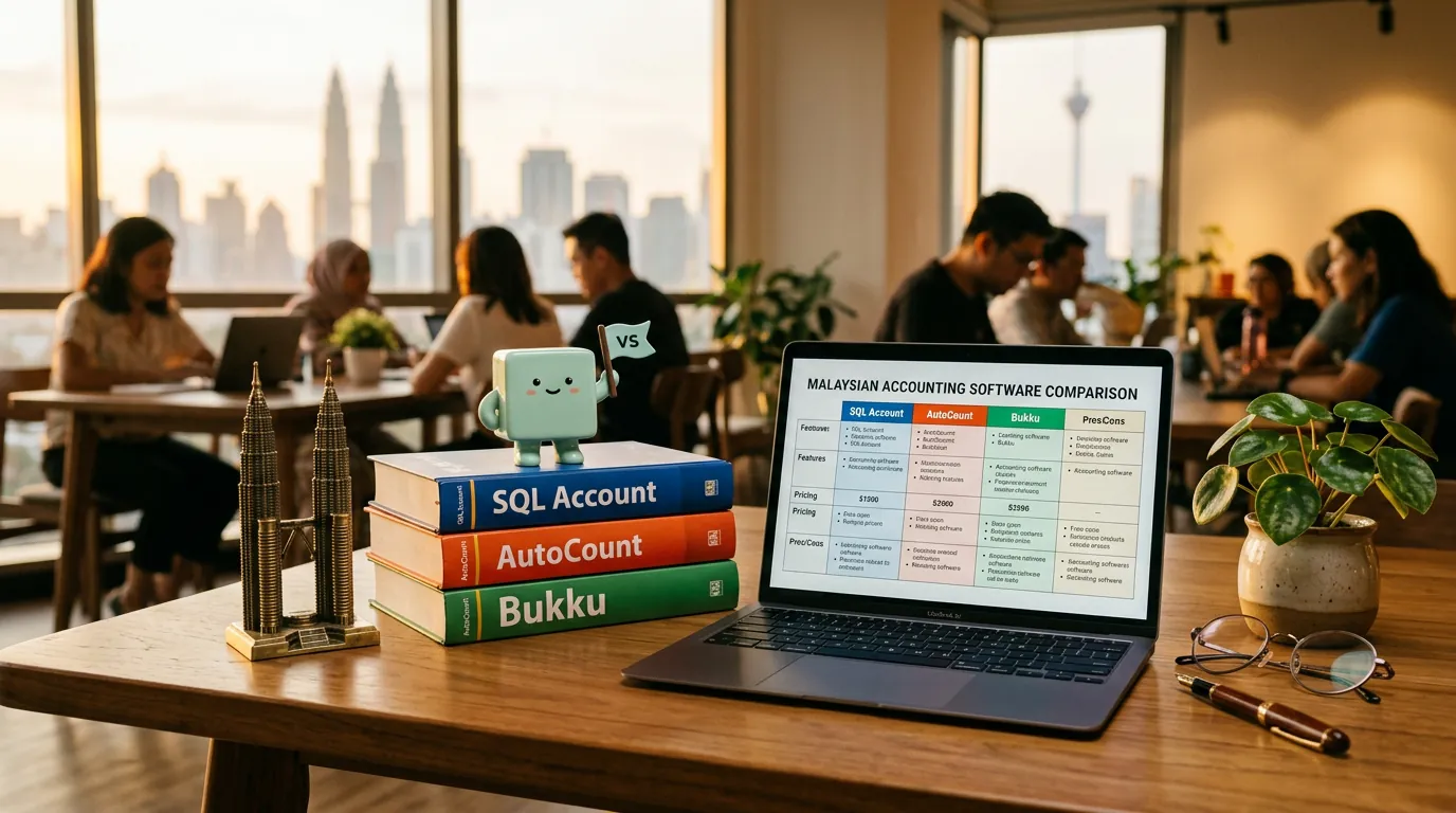 A warm wooden desk in a Malaysian SME office, an open notebook with a list of accounting software names, a laptop showing a comparison table, and the mint-green minidesk mascot standing beside a small 'AI-ize' badge on a stack of brochures.