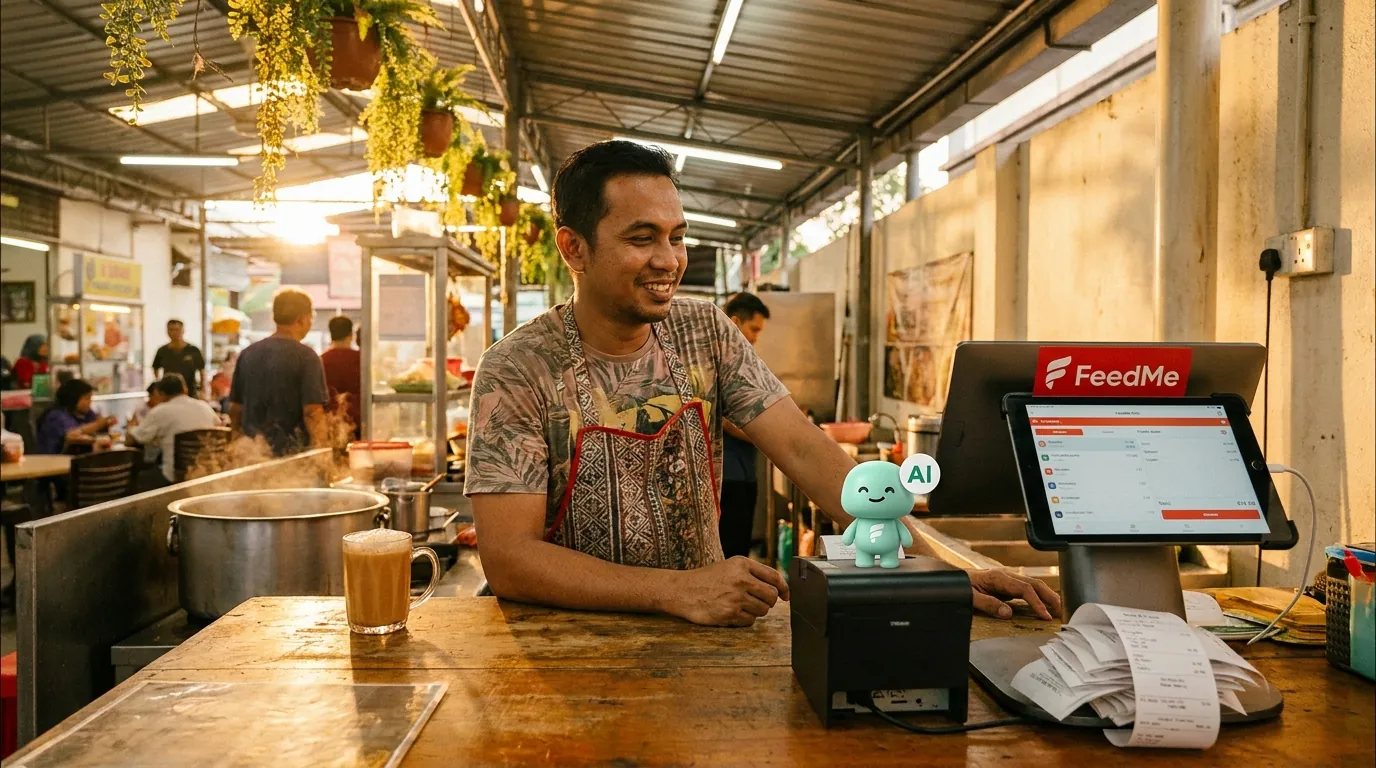 A warm wooden counter in a Malaysian restaurant kitchen, a tablet showing the FeedMe kitchen display, a stack of order tickets, and the mint-green minidesk mascot standing beside the screen with a small 'AI' badge and a small Remy-bot icon crossed out.