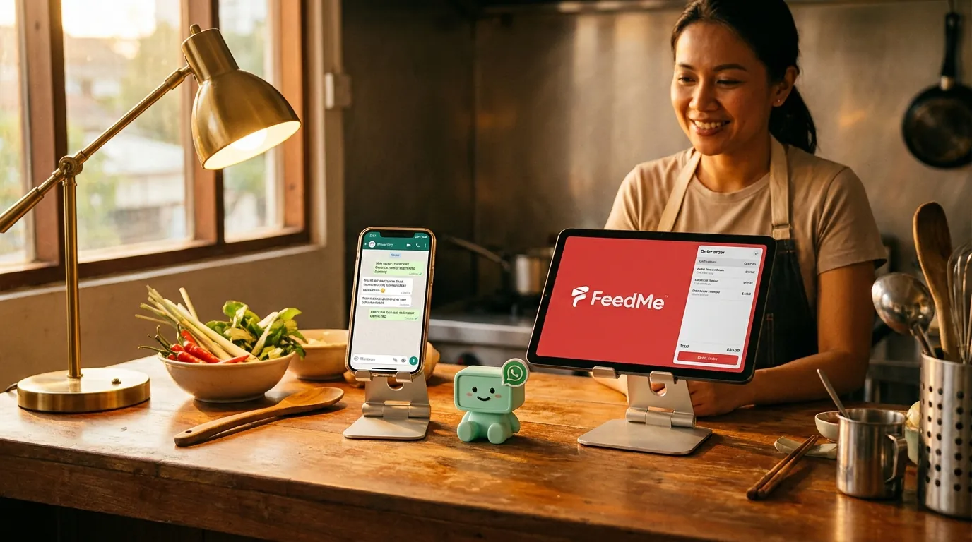 A friendly Southeast Asian hand holding a smartphone showing a WhatsApp conversation in Bahasa Malaysia with a food order confirmation, with a small FeedMe kitchen display in the background, the mint-green minidesk mascot standing between them with a 'no-wait' badge.