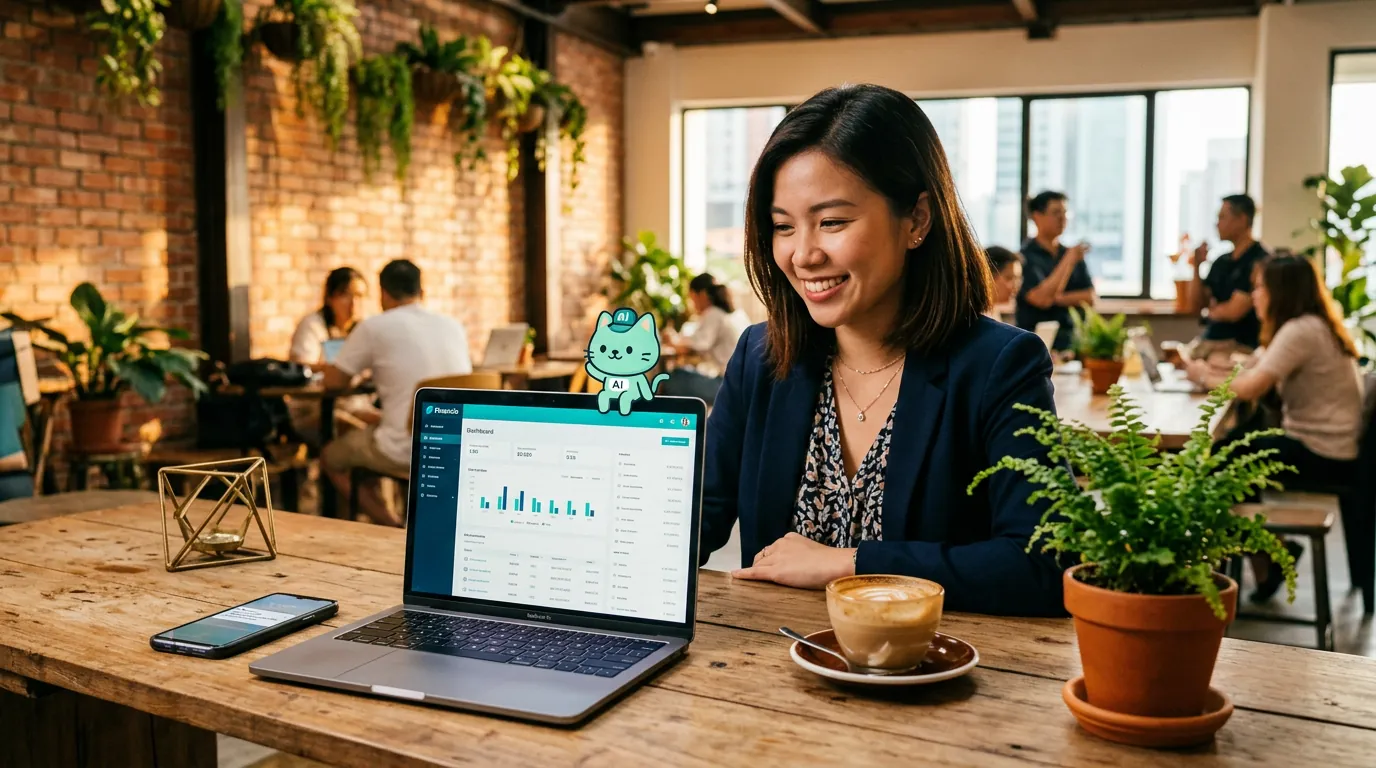 A warm wooden counter in a small Hanoi coffee shop, a thin laptop showing the Financio dashboard with the Vietnamese interface, a brass espresso machine beside it, and the mint-green minidesk mascot standing on the counter with a small 'AI' badge.