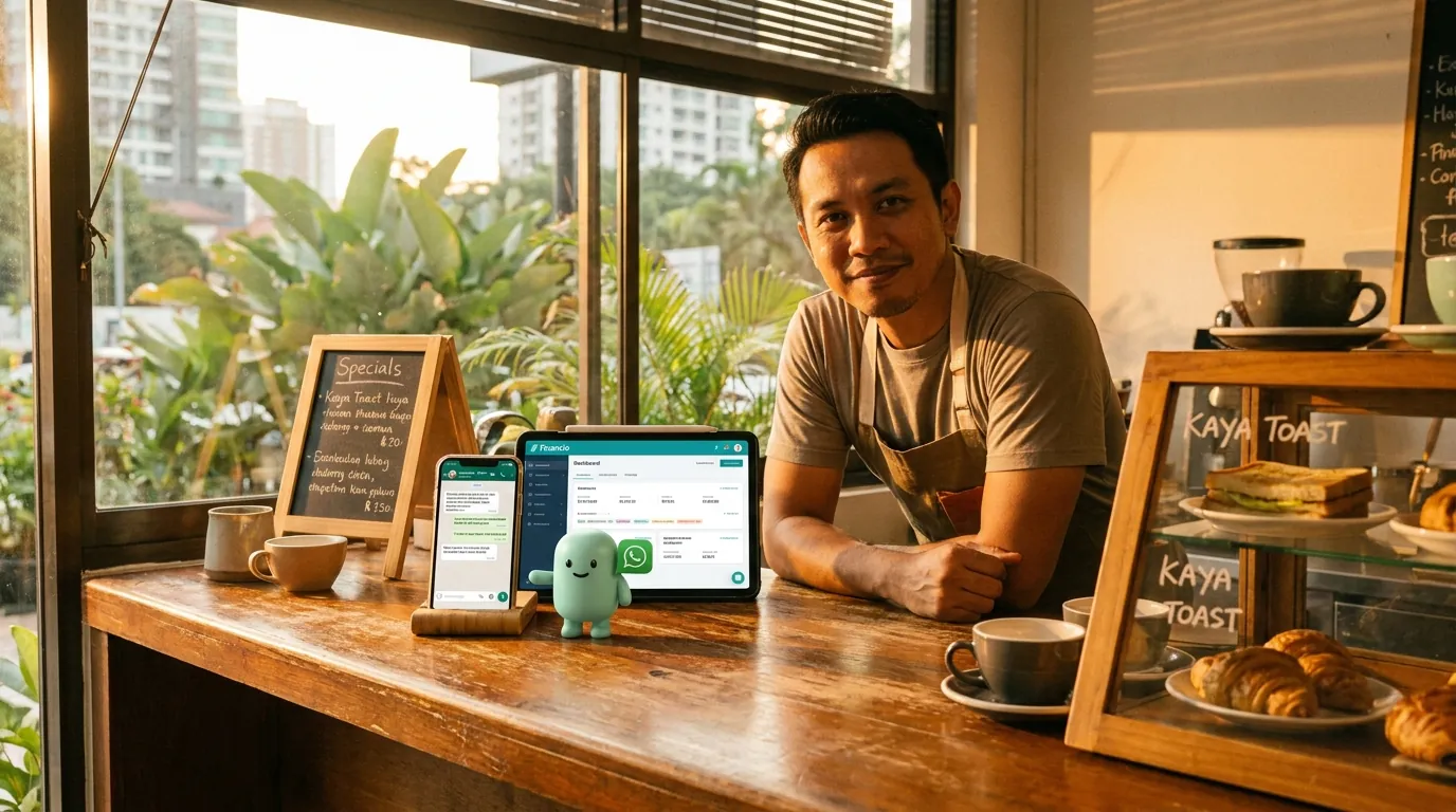 A friendly Southeast Asian hand holding a smartphone showing a WhatsApp conversation in Vietnamese, with a small Financio dashboard on a laptop in the background, the mint-green minidesk mascot standing between them with a 'no-wait' badge.
