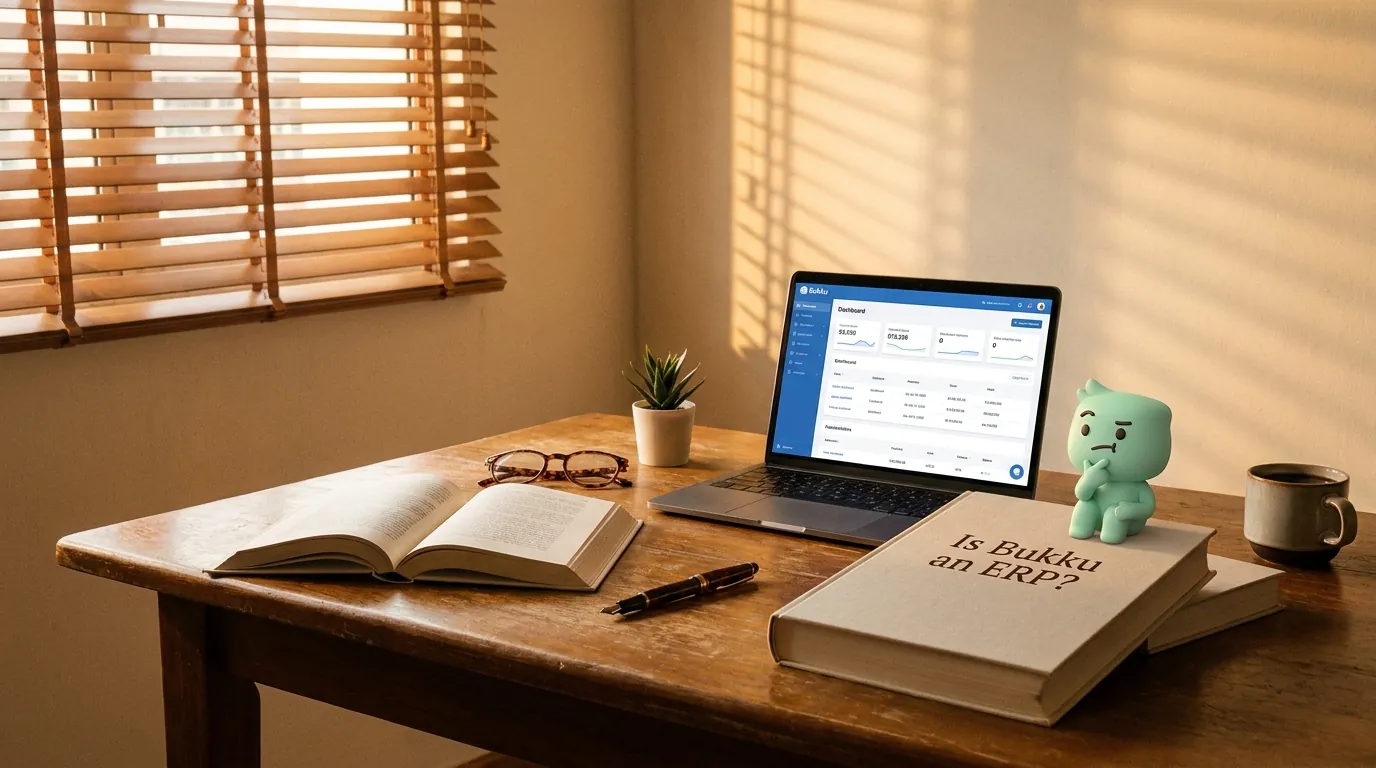 A small wooden desk in a Malaysian freelancer's home office, a thin laptop showing the Bukku dashboard, a notebook with the word 'ERP' crossed out and 'accounting' circled instead, and the rose-pink documents mascot with a small '?' thought bubble.