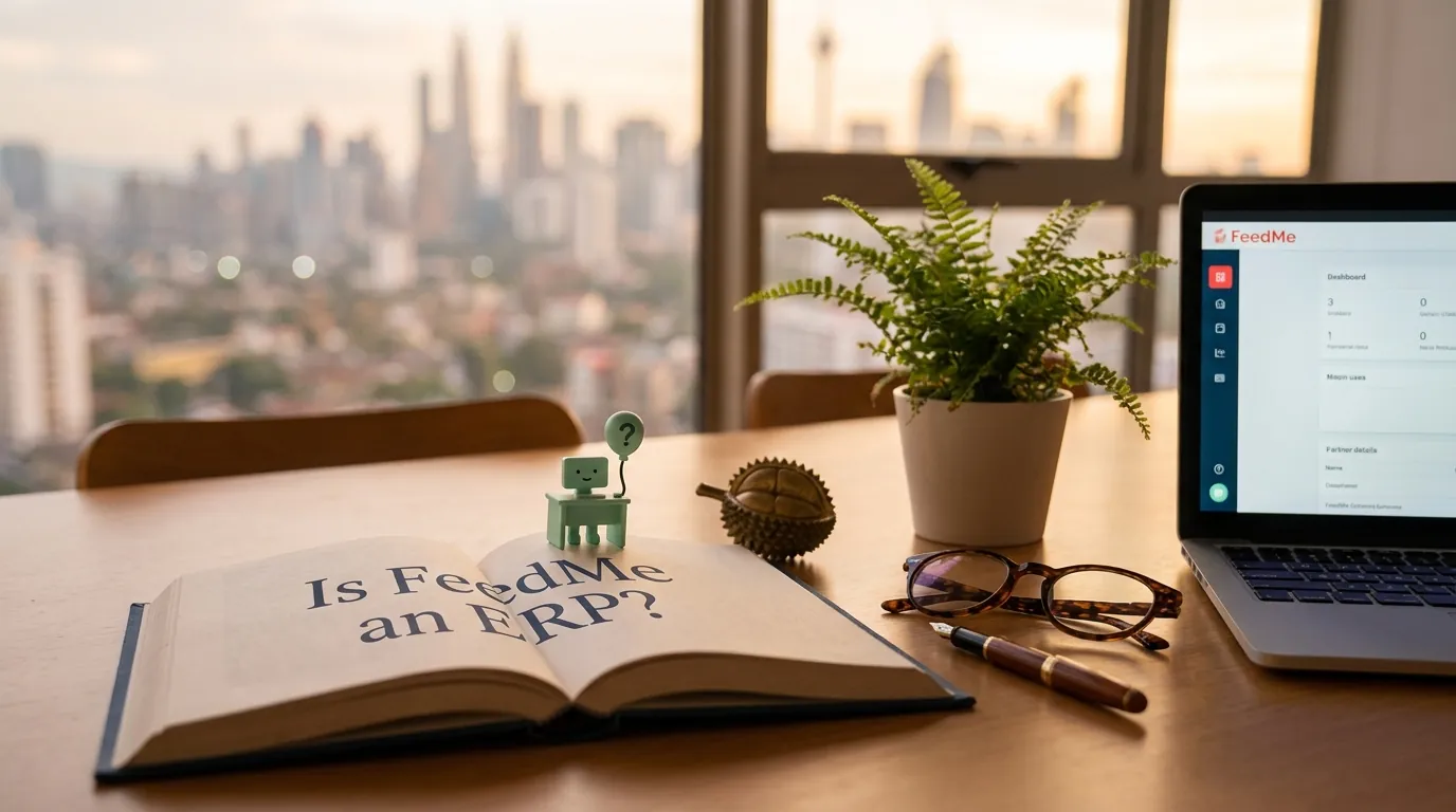 A wooden desk in a small Malaysian restaurant office, an open notebook with 'ERP?' written in pencil, a tablet showing the FeedMe dashboard, and the rose-pink documents mascot with a small '?' thought bubble beside a F&B menu.