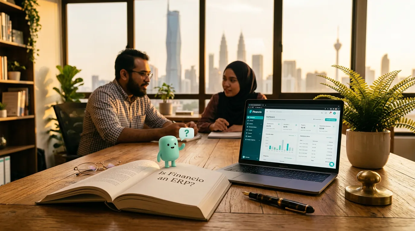 A wooden desk in a small Hanoi office, an open notebook with 'ERP?' written in pencil, a thin laptop showing the Financio dashboard with the Vietnamese interface, and the rose-pink documents mascot with a small '?' thought bubble beside a globe.