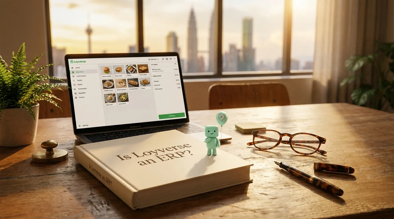 A wooden desk in a small business, an open notebook with 'ERP?' written in pencil, a smartphone showing the Loyverse POS app on a stand, and the rose-pink documents mascot with a small '?' thought bubble beside a globe.