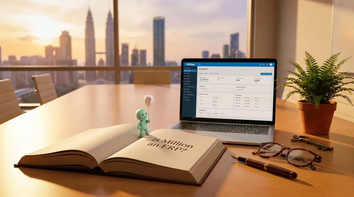 A wooden desk in a Malaysian small shop, a printed flowchart on a clipboard showing where Million sits between ledger and ERP, a coffee cup, and the rose-pink documents mascot with a small magnifying glass over a 'Million' sticker.