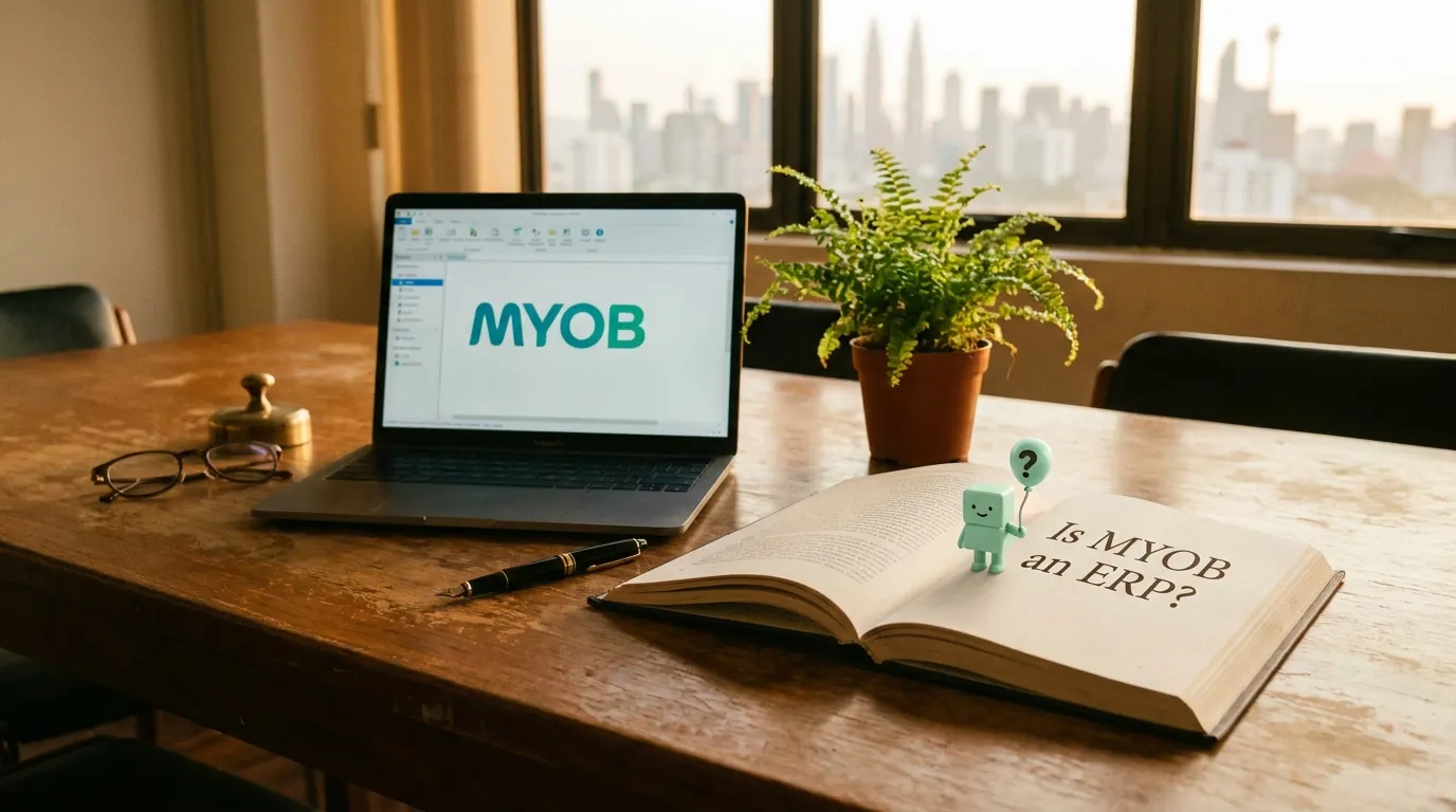 A wooden desk in a small business office, an open notebook with 'ERP?' written in pencil, a laptop showing the MYOB Acumatica dashboard, and the rose-pink documents mascot with a small '?' thought bubble beside a globe.