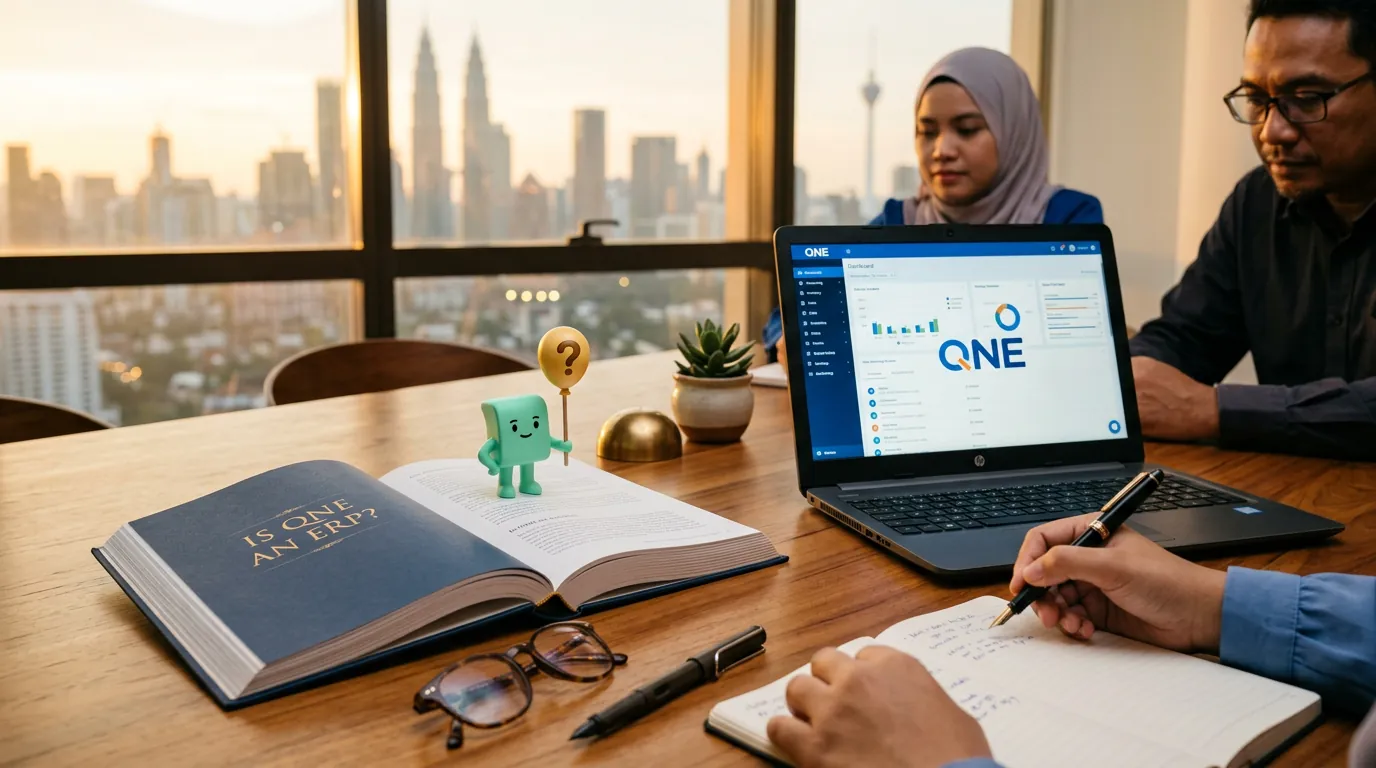 A wooden desk in a Malaysian finance office, a printed flowchart on a clipboard showing where QNE sits between ledger and ERP, a coffee cup, and the rose-pink documents mascot with a small magnifying glass over a 'QNE' sticker.