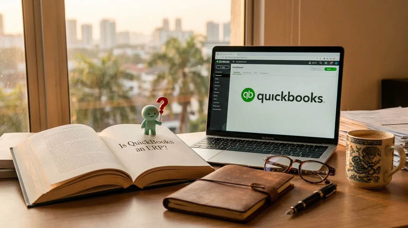 A wooden desk in a small business office, a printed flowchart on a clipboard showing where QuickBooks sits between ledger and ERP, a coffee cup, and the rose-pink documents mascot with a small magnifying glass over a 'QuickBooks' sticker.