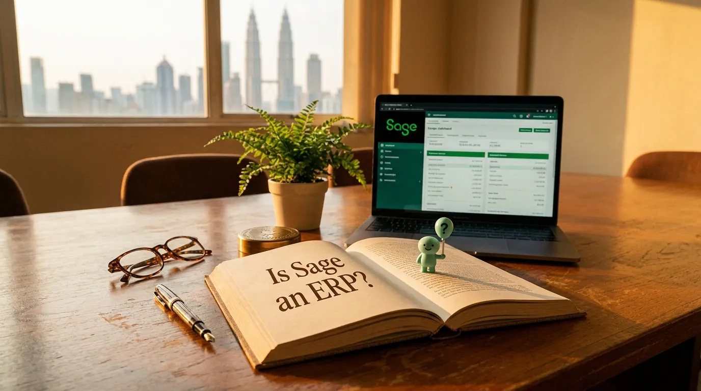 A wooden desk in a small business office, an open notebook with 'ERP?' written in pencil, a laptop showing the Sage Intacct dashboard, and the rose-pink documents mascot with a small '?' thought bubble beside a globe.