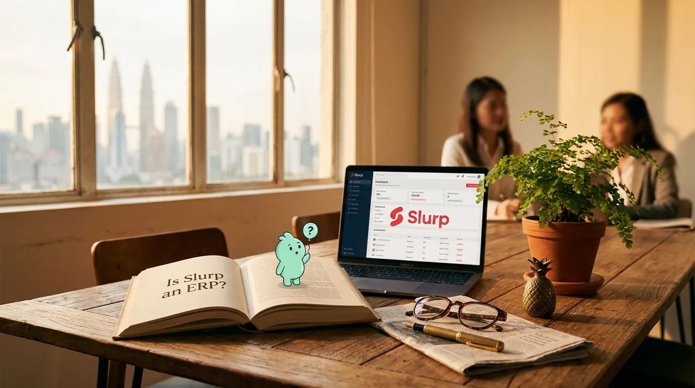 A wooden desk in a small Malaysian F&B office, an open notebook with 'ERP?' written in pencil, a tablet showing the Slurp dashboard, and the rose-pink documents mascot with a small '?' thought bubble beside a bubble tea menu.