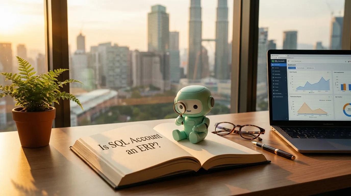 A wooden desk in a Malaysian SME office, a printed flowchart on a clipboard showing where SQL Account sits between ledger and ERP, a coffee cup, and the rose-pink documents mascot with a small magnifying glass over a 'SQL' sticker.
