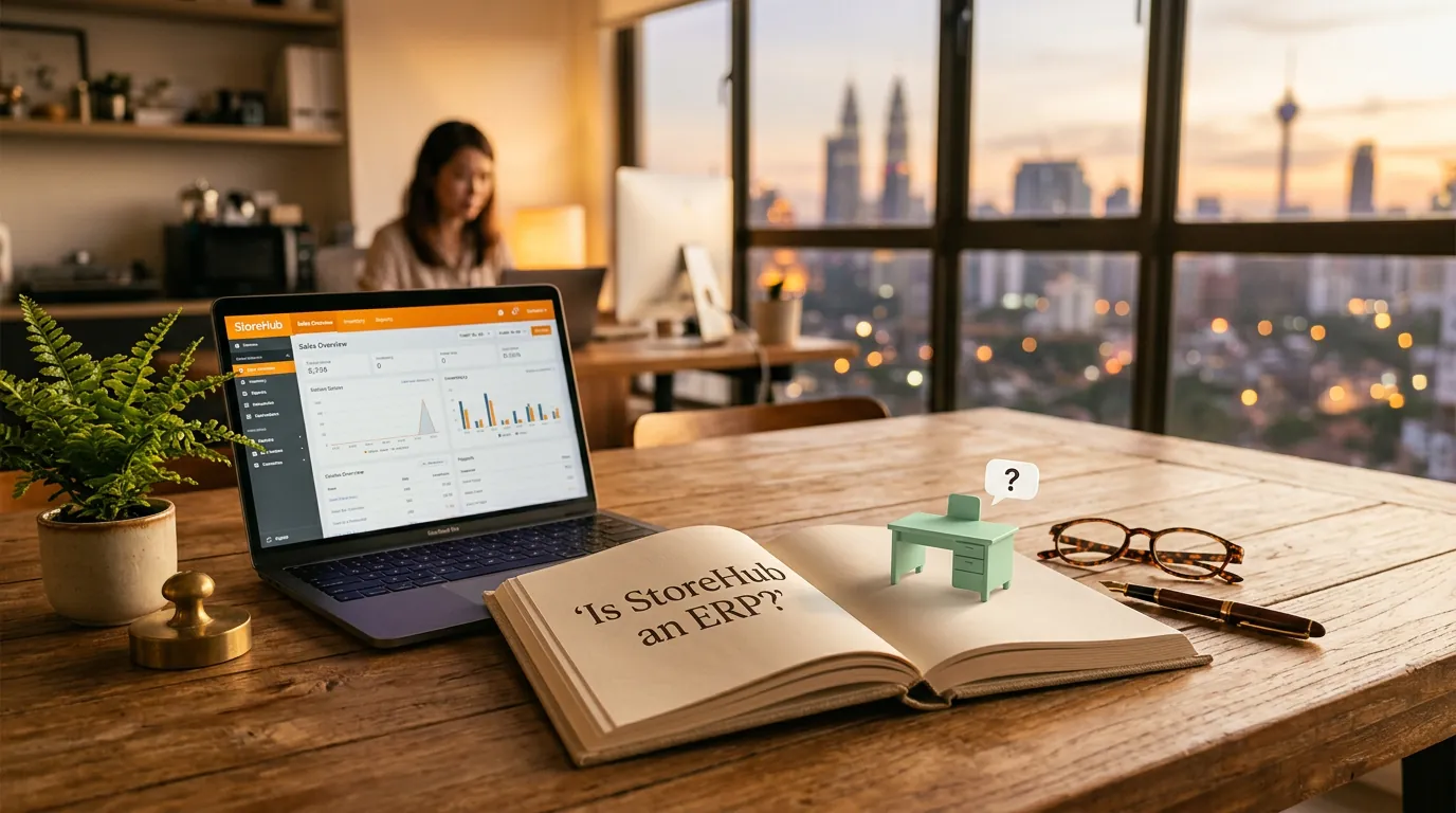 A wooden desk in a small Malaysian F&B office, an open notebook with 'ERP?' written in pencil, a tablet showing the StoreHub dashboard, and the rose-pink documents mascot with a small '?' thought bubble beside a kopitiam menu.