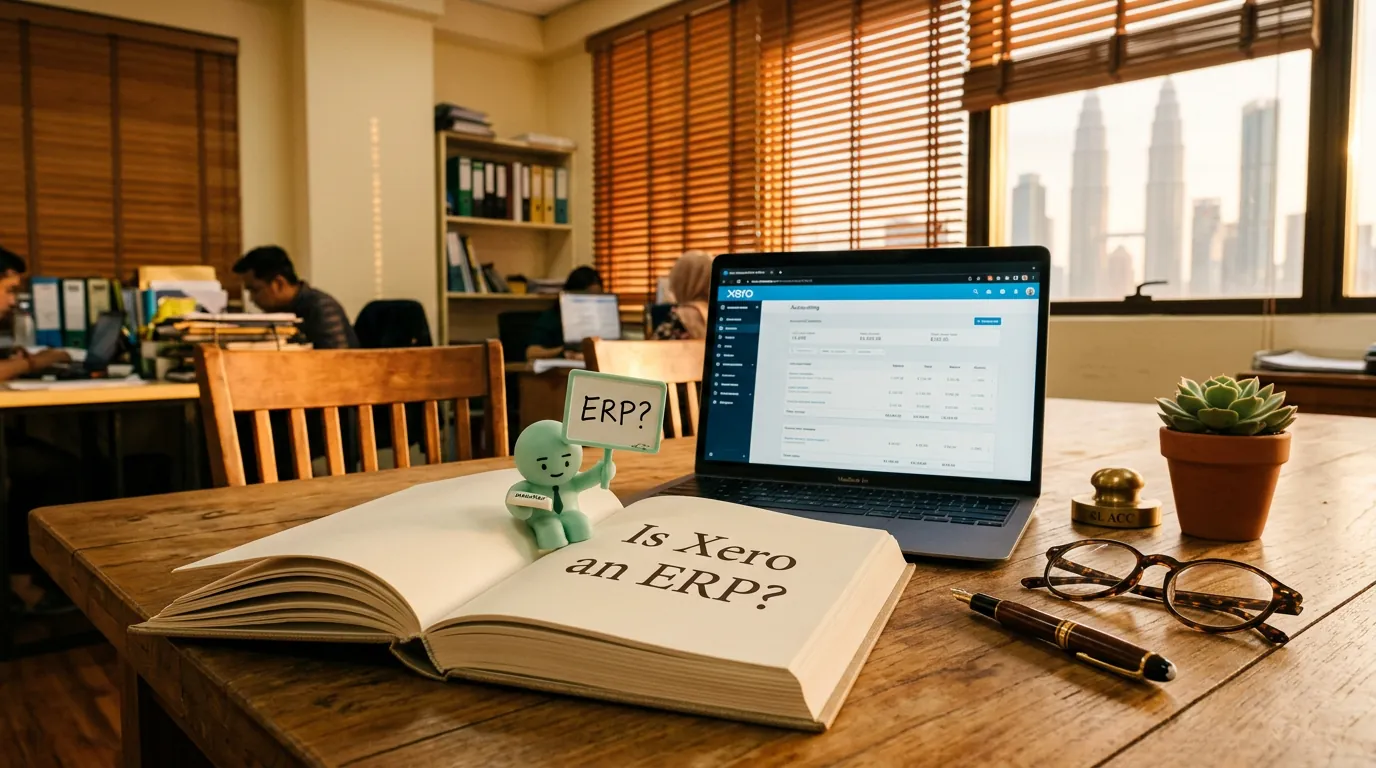 A wooden desk in a small London office, an open notebook with 'ERP?' written in pencil, a thin laptop showing the Xero dashboard, and the rose-pink documents mascot with a small '?' thought bubble beside a globe.