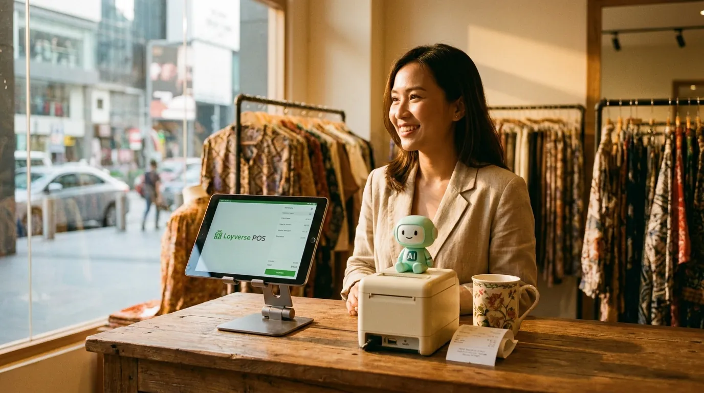 A warm wooden counter in a small bubble tea shop, a smartphone showing the Loyverse POS app on a stand, a stack of printed receipts, and the mint-green minidesk mascot standing beside the smartphone with a small 'AI' badge.