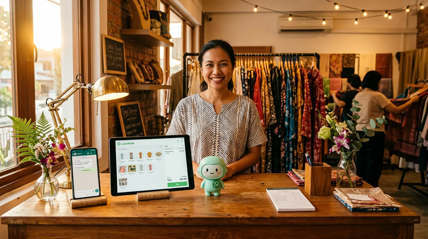 A friendly Southeast Asian hand holding a smartphone showing a WhatsApp conversation with a bubble tea order, with a small Loyverse POS smartphone in the background, the mint-green minidesk mascot standing between them with a 'no-wait' badge.