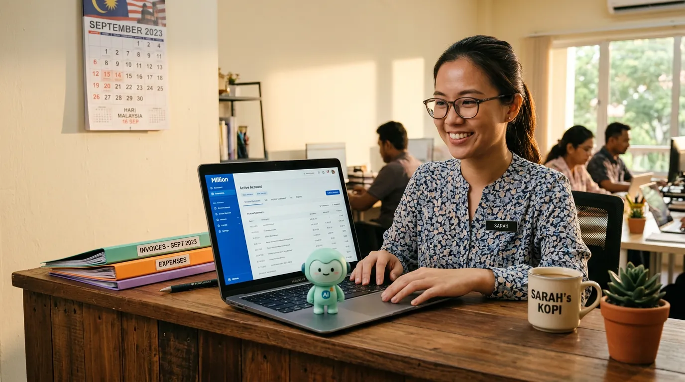 A warm wooden counter in a Malaysian sundry shop in Klang, a desktop monitor showing the Million ledger, a stack of paper invoices, and the mint-green minidesk mascot standing beside the keyboard with a small 'AI' badge.