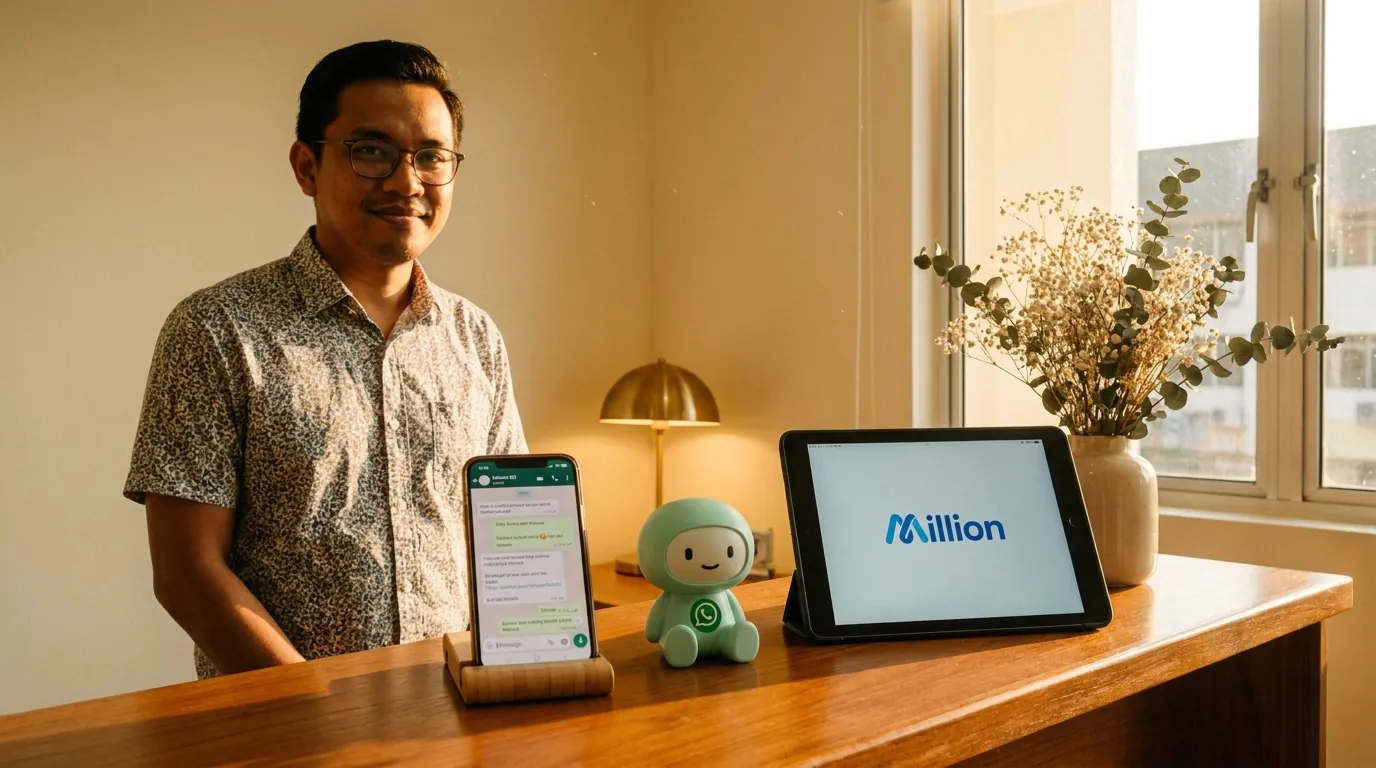 A wooden counter in a Malaysian small shop, a smartphone showing a WhatsApp thread with a customer, a desktop monitor in the background showing the Million ledger, and the coral-terracotta marketer mascot beside a small envelope marked 'WhatsApp'.