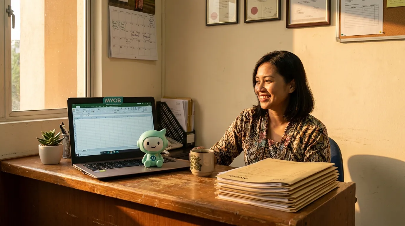 A warm wooden desk in a small tradie office in suburban Australia, a laptop showing the MYOB dashboard, a smartphone with a WhatsApp thread, and the mint-green minidesk mascot standing beside a small 'AI' badge on a stack of invoices.