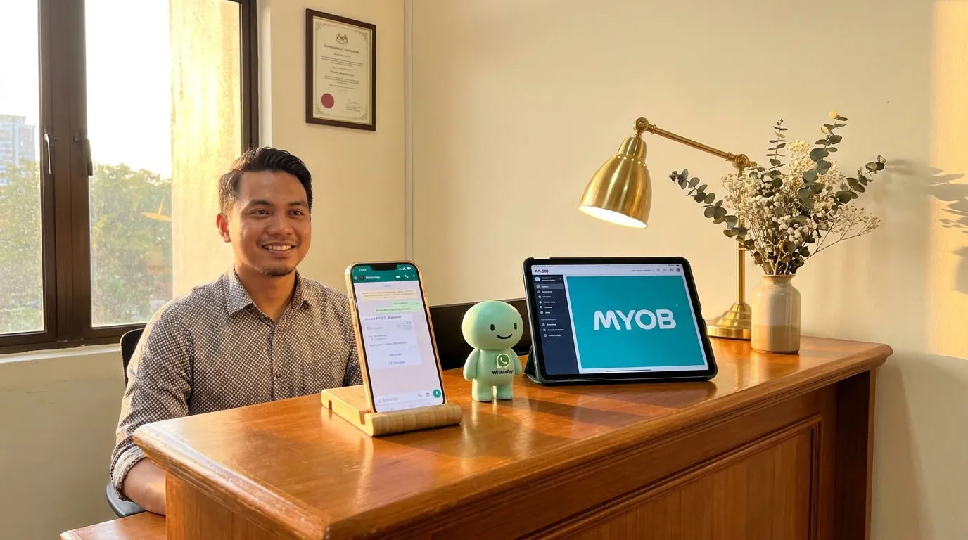 A friendly hand holding a smartphone showing a WhatsApp conversation in English with a payment reminder, with a small MYOB dashboard on a laptop in the background, the mint-green minidesk mascot standing between them with a 'no-wait' badge.