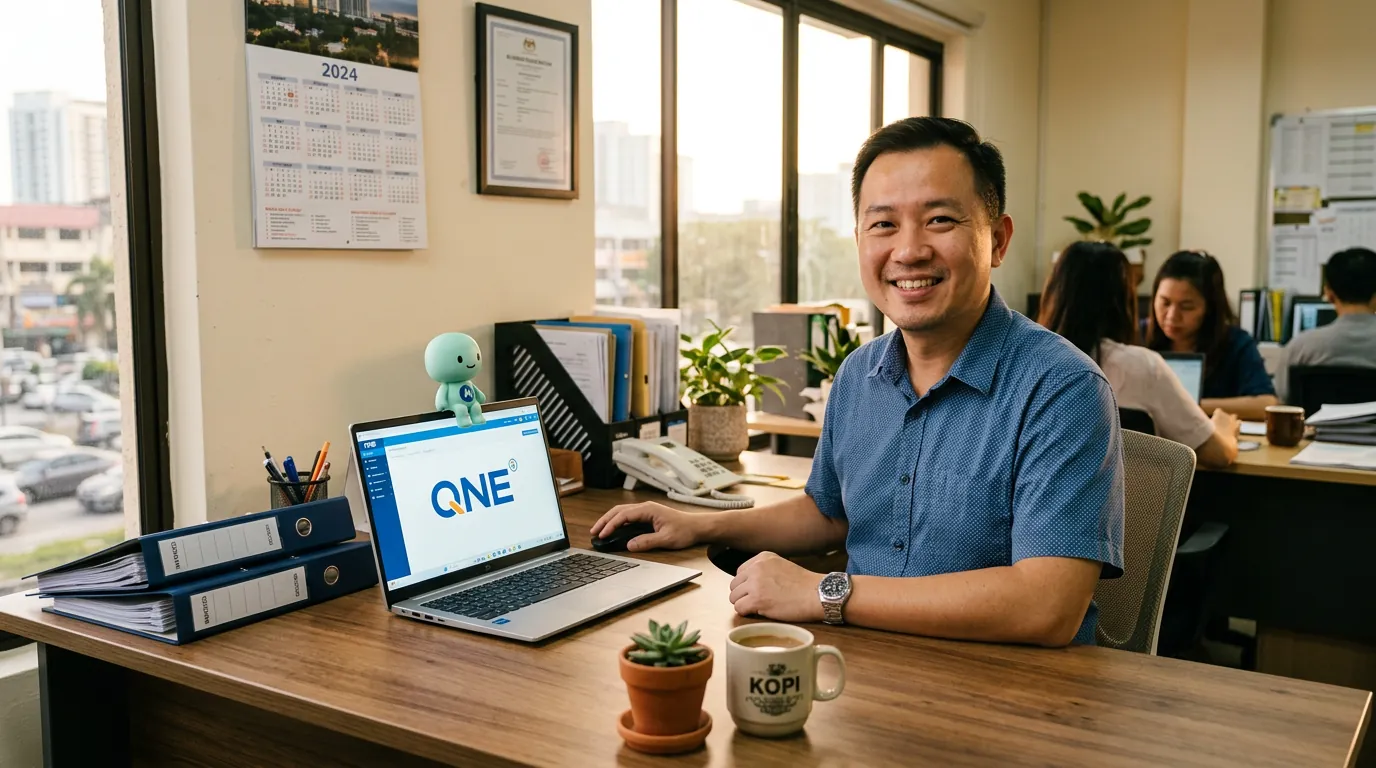 A warm wooden desk in a Malaysian retail group's finance office in KL, a desktop monitor showing the QNE dashboard with its own AI assistant in a side panel, a smartphone with a WhatsApp thread, and the mint-green minidesk mascot standing between them holding a small 'AI 2' badge.