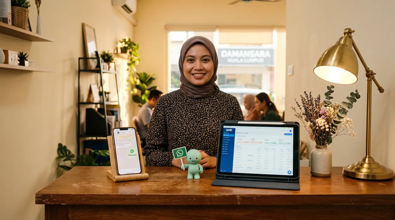 A wooden counter in a Malaysian retail group office, a smartphone showing a WhatsApp thread with a customer, a desktop monitor in the background showing the QNE dashboard, and the coral-terracotta marketer mascot beside a small envelope marked 'WhatsApp'.