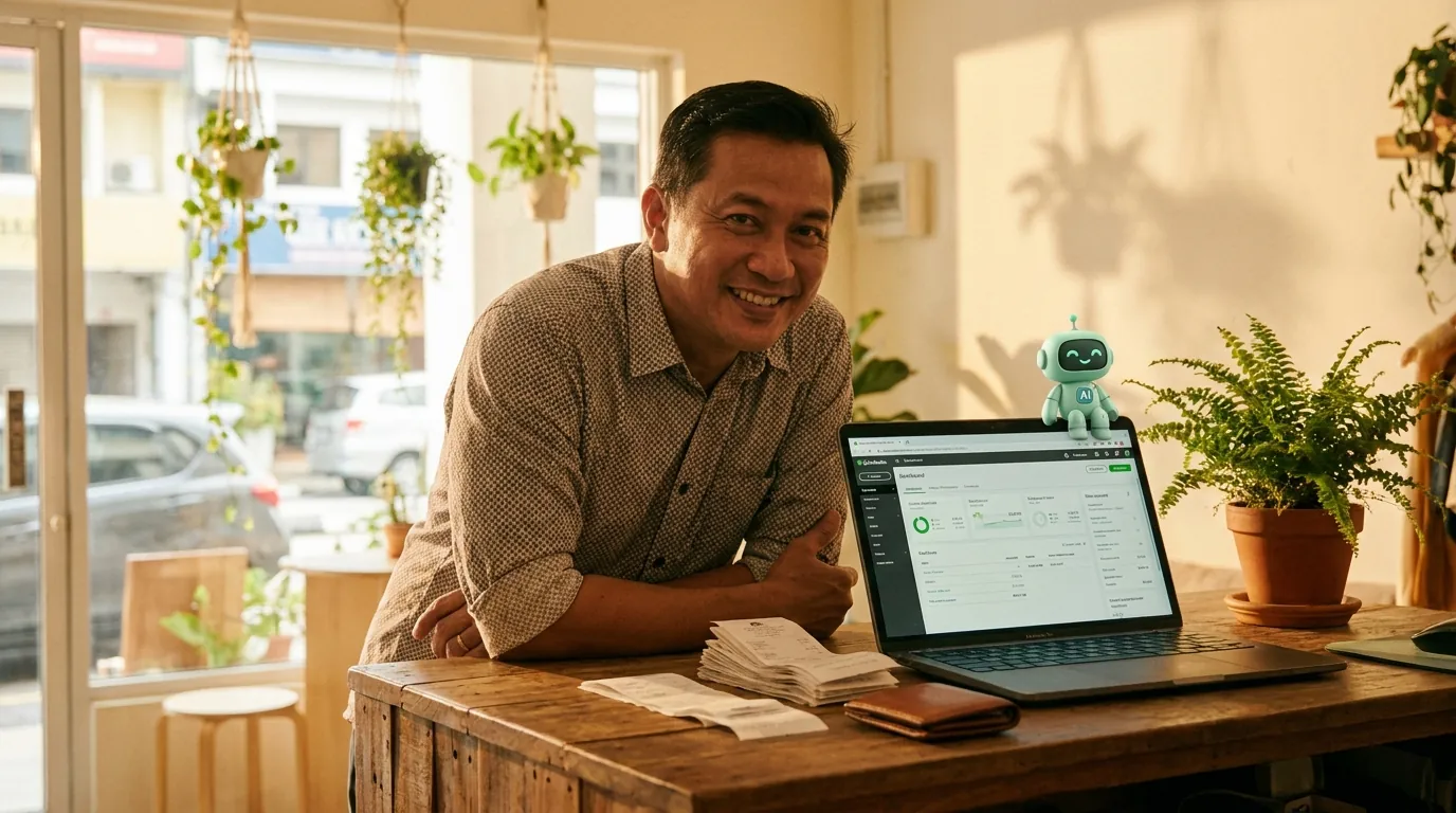A warm wooden counter in a small business somewhere in Singapore, a laptop showing the QuickBooks Online dashboard, a smartphone with a WhatsApp thread, and the mint-green minidesk mascot standing beside a small 'AI' badge on a stack of receipts.