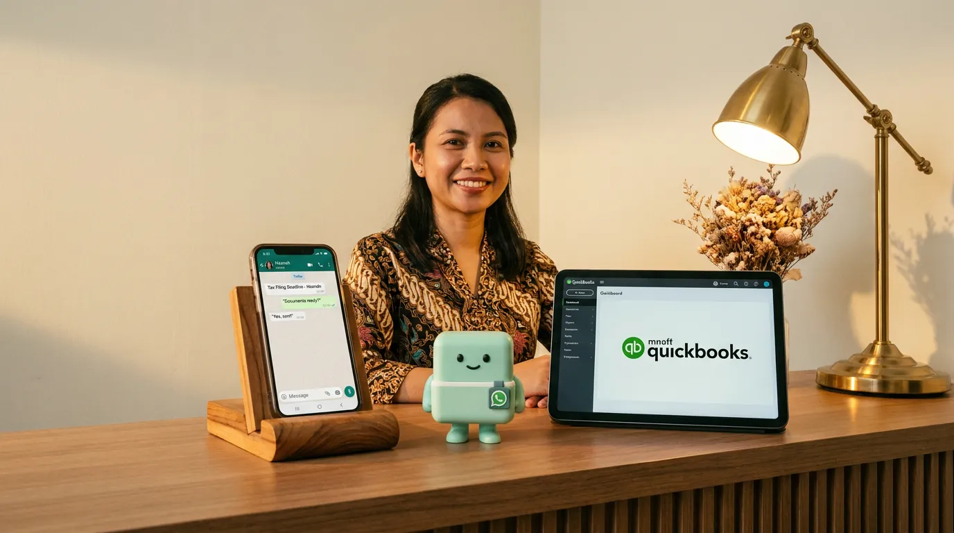 A wooden counter in a small business in Singapore, a smartphone showing a WhatsApp thread with a client, a laptop in the background showing the QuickBooks Online dashboard, and the coral-terracotta marketer mascot beside a small envelope marked 'WhatsApp'.