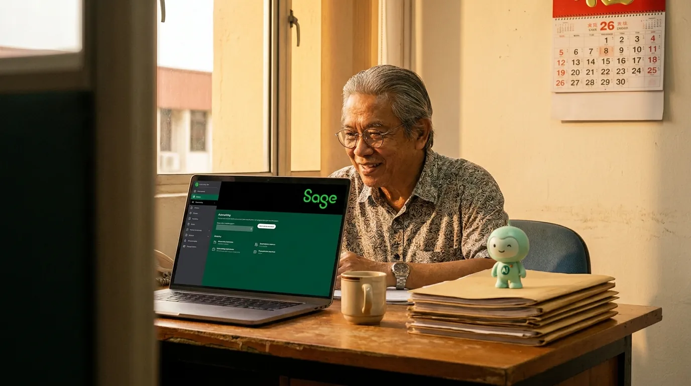 A warm wooden desk in a small business office, a laptop showing the Sage dashboard, a smartphone with a WhatsApp thread, and the mint-green minidesk mascot standing beside a small 'AI' badge on a stack of invoices.