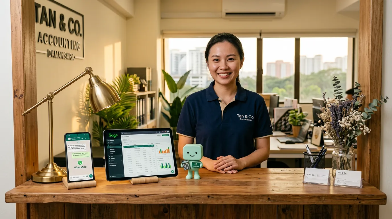 A friendly hand holding a smartphone showing a WhatsApp conversation in English with a balance inquiry, with a small Sage dashboard on a laptop in the background, the mint-green minidesk mascot standing between them with a 'no-wait' badge.