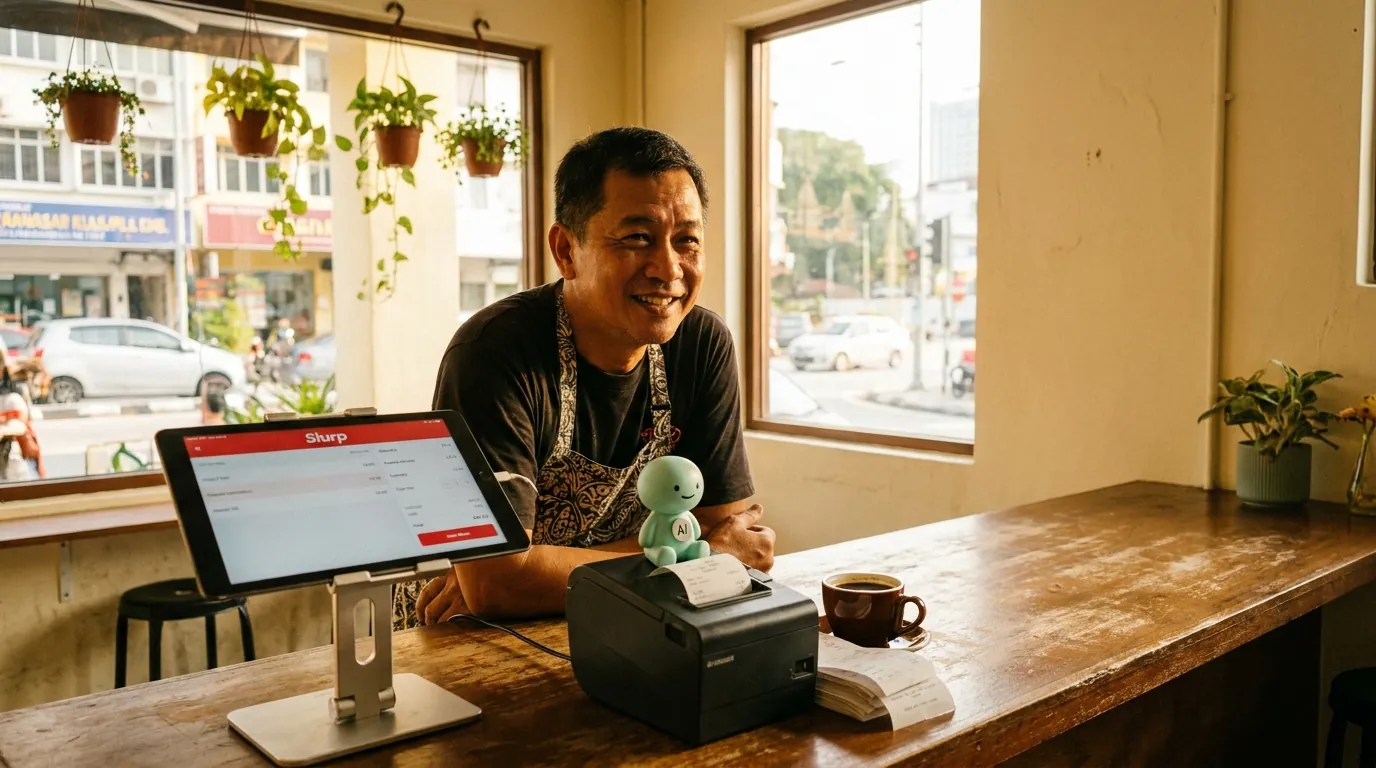 A warm wooden counter in a Malaysian bubble tea shop, a small tablet showing the Slurp POS dashboard, a row of drink dispensers in the background, and the mint-green minidesk mascot standing beside the register with a small 'AI' badge.