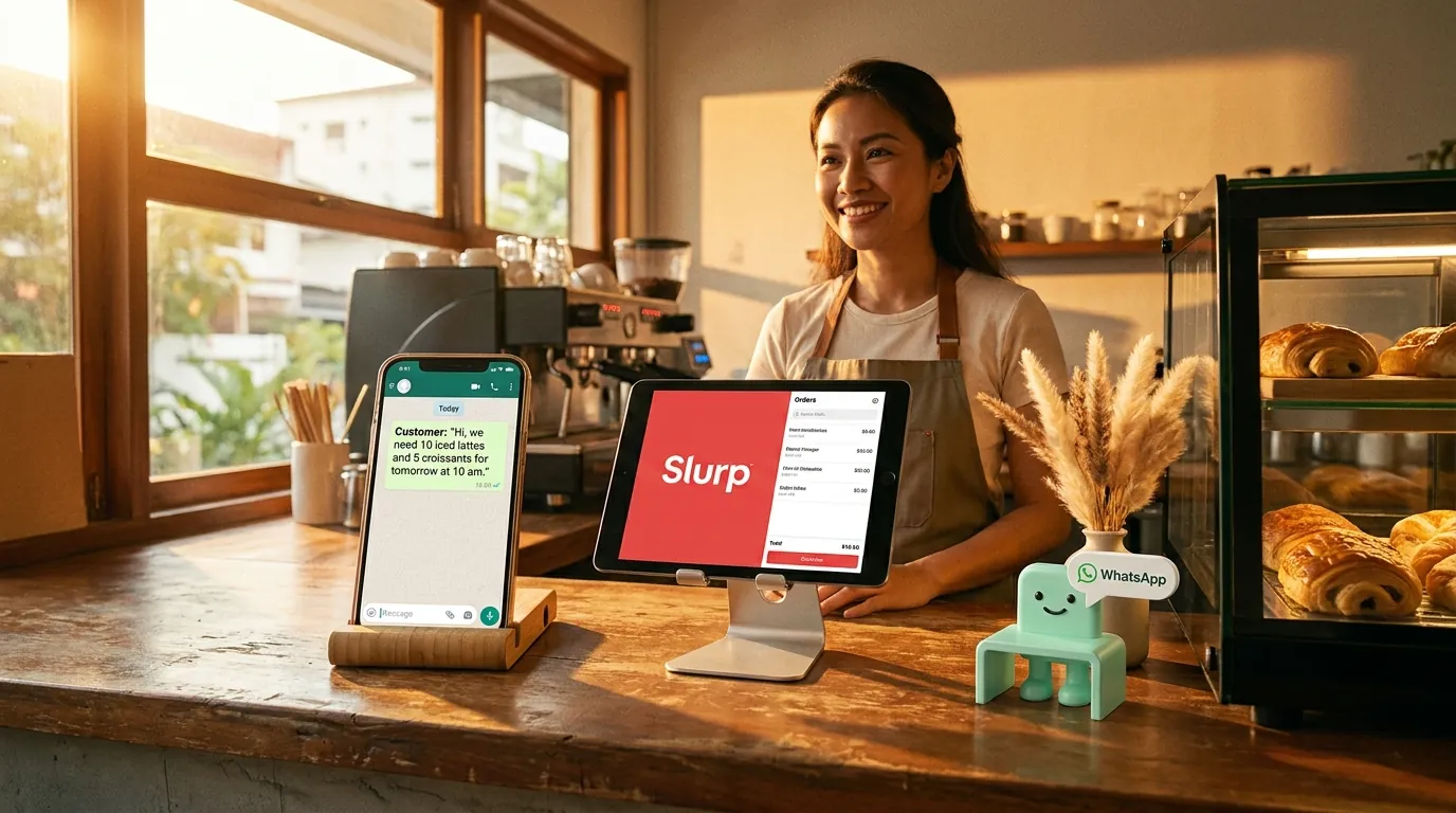 A friendly Southeast Asian hand holding a smartphone showing a WhatsApp conversation in Bahasa Malaysia with a bubble tea order, with a small Slurp POS tablet in the background, the mint-green minidesk mascot standing between them with a 'no-wait' badge.