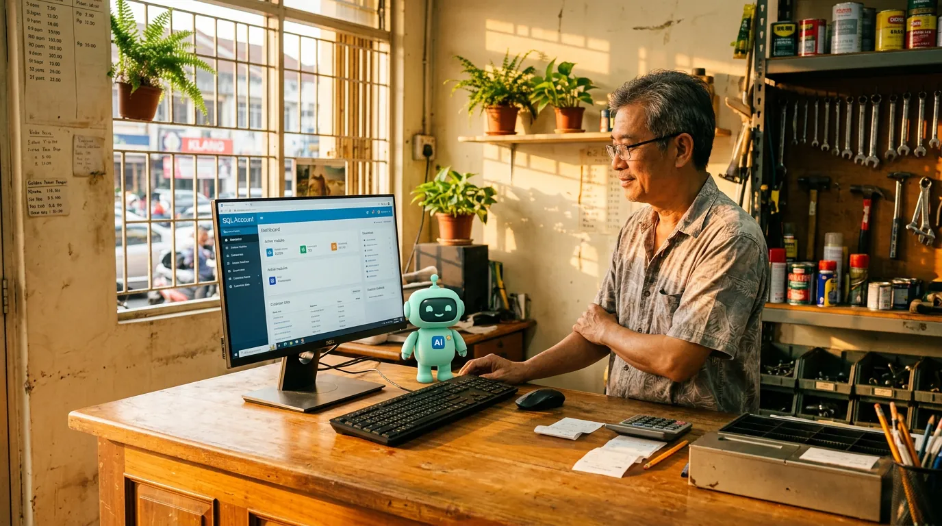 A warm wooden counter in a Malaysian hardware shop, a desktop monitor showing the SQL Account ledger, a stack of invoice folders, and the mint-green minidesk mascot standing beside the keyboard with a small 'AI' badge.