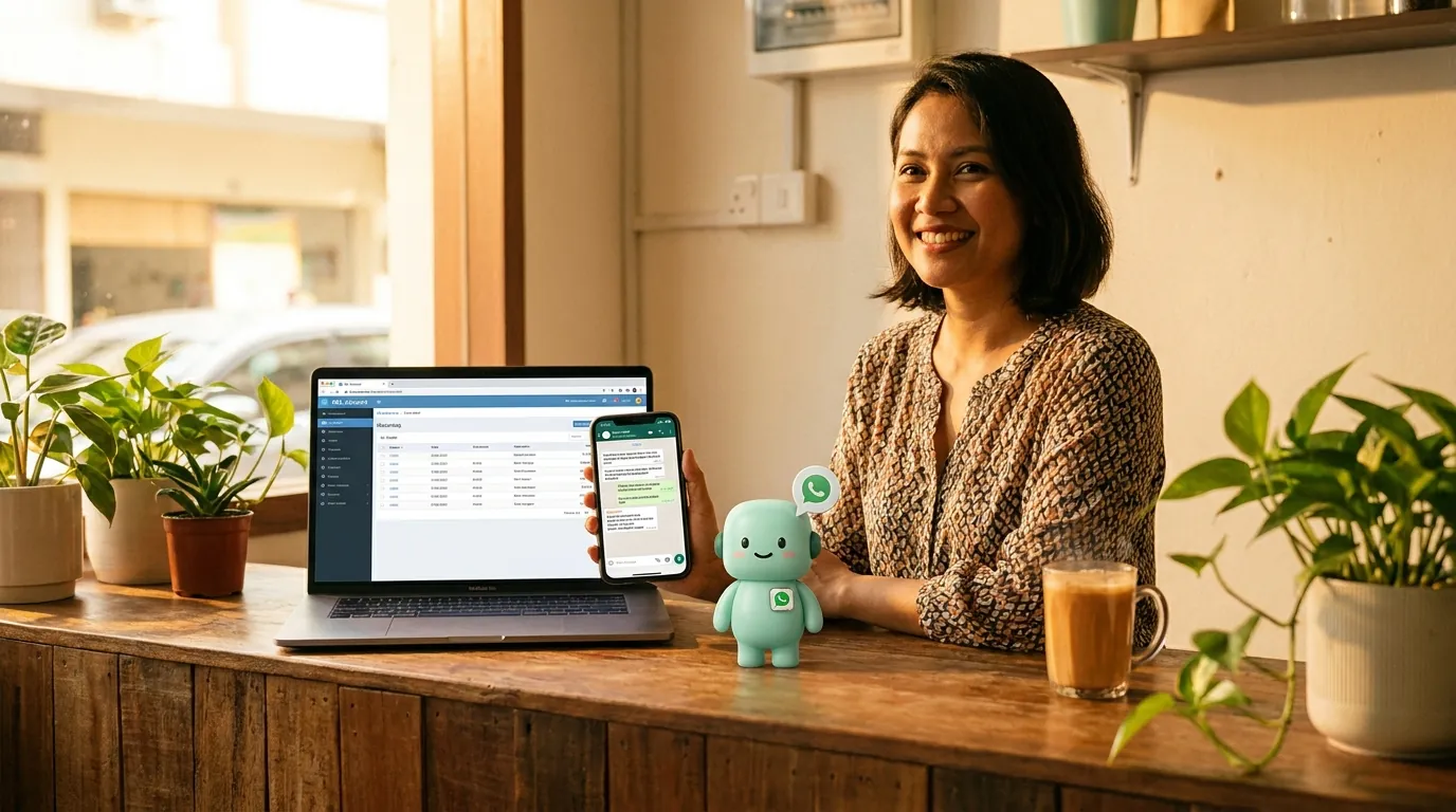 A wooden counter in a Malaysian business, a smartphone showing a WhatsApp conversation with a customer, a desktop monitor in the background showing the SQL Account ledger, and the coral-terracotta marketer mascot holding a small envelope marked 'WhatsApp'.
