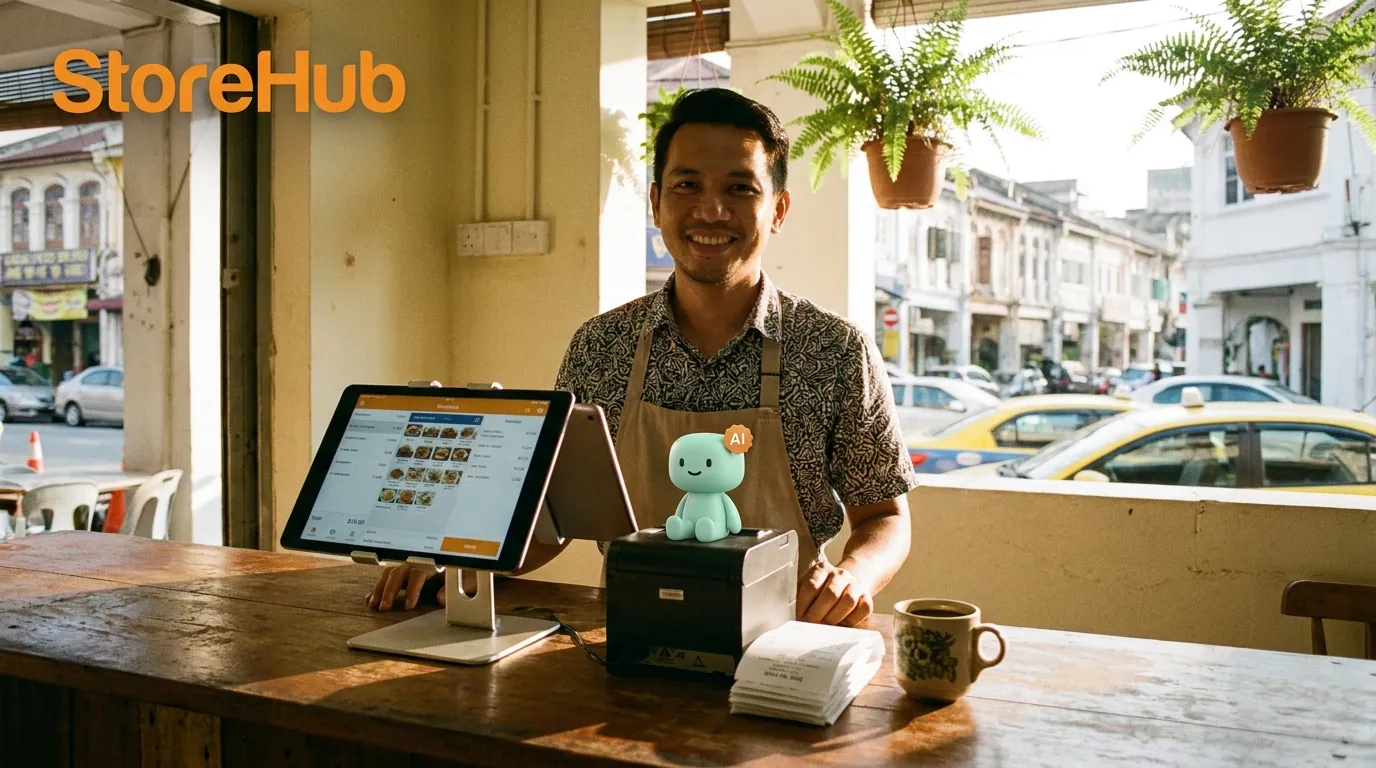 A warm wooden counter in a Malaysian kopitiam, a tablet showing the StoreHub POS dashboard, a stack of receipts in a brass holder, and the mint-green minidesk mascot standing beside the register with a small 'AI' badge.