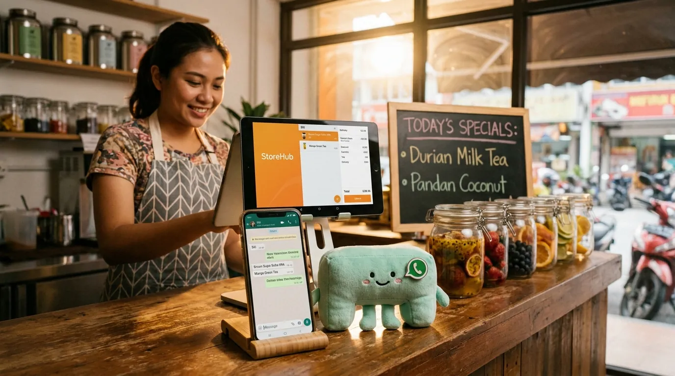 A friendly Southeast Asian hand holding a smartphone showing a WhatsApp conversation in Bahasa Malaysia with a food order, with a small StoreHub POS tablet in the background, the mint-green minidesk mascot standing between them with a 'no-wait' badge.