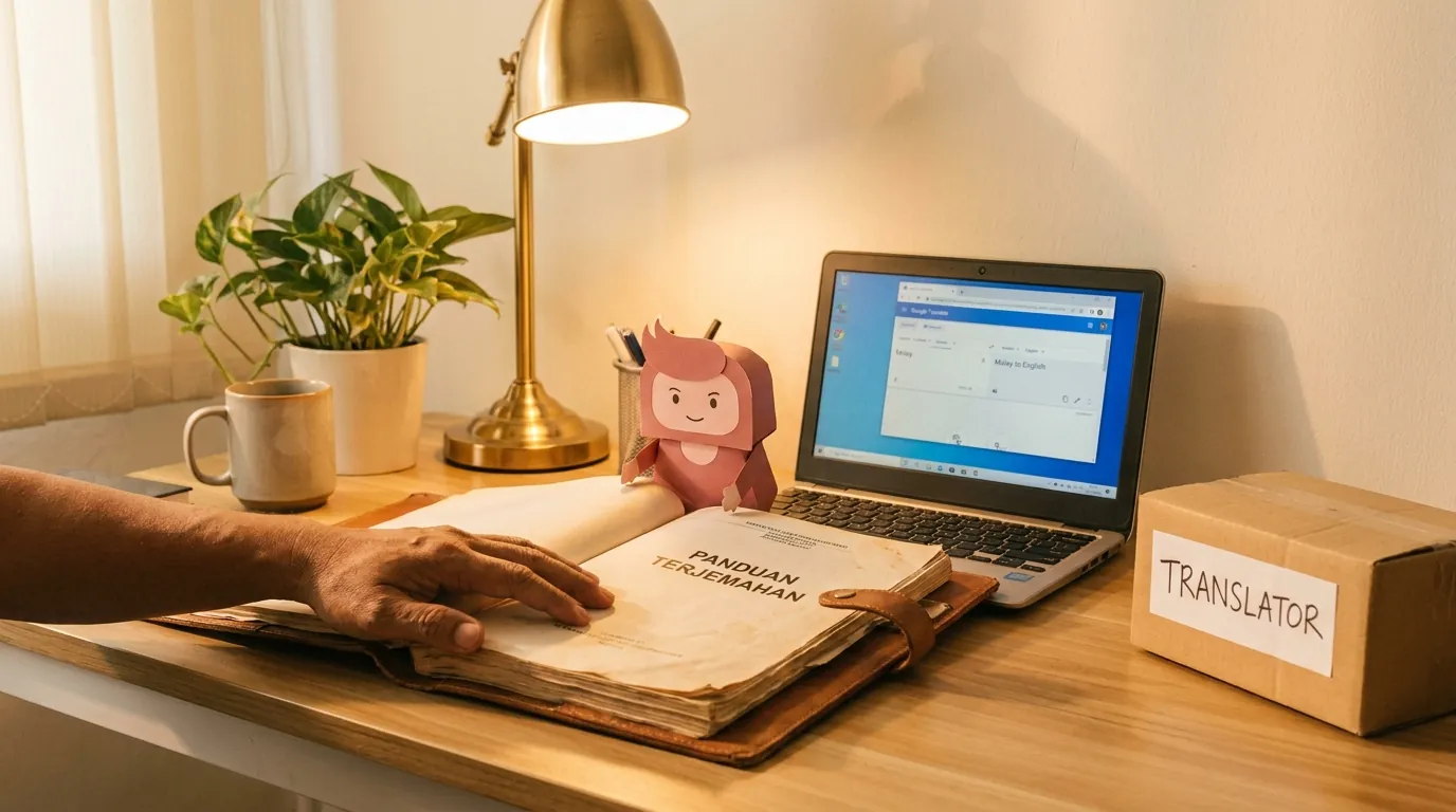 A friendly Southeast Asian hand reaching for an open leather-bound manual on a warm wooden desk, with the rose-pink documents mascot sitting on the open manual as if guiding the reader.