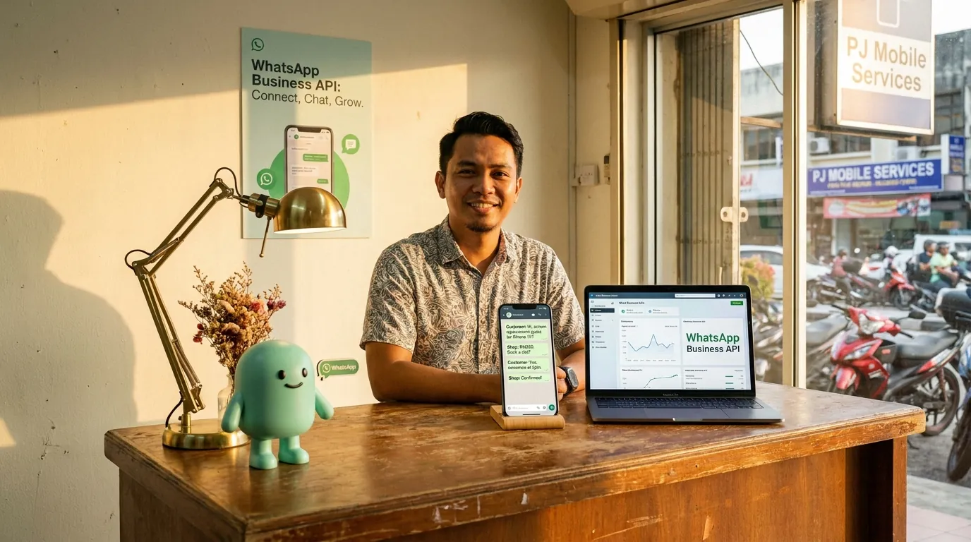 A friendly Southeast Asian small business owner in a Malaysian kopitiam holding a smartphone showing a WhatsApp conversation, with a small business dashboard on a laptop in the background, the mint-green minidesk mascot standing between them with a 'no-wait' badge.