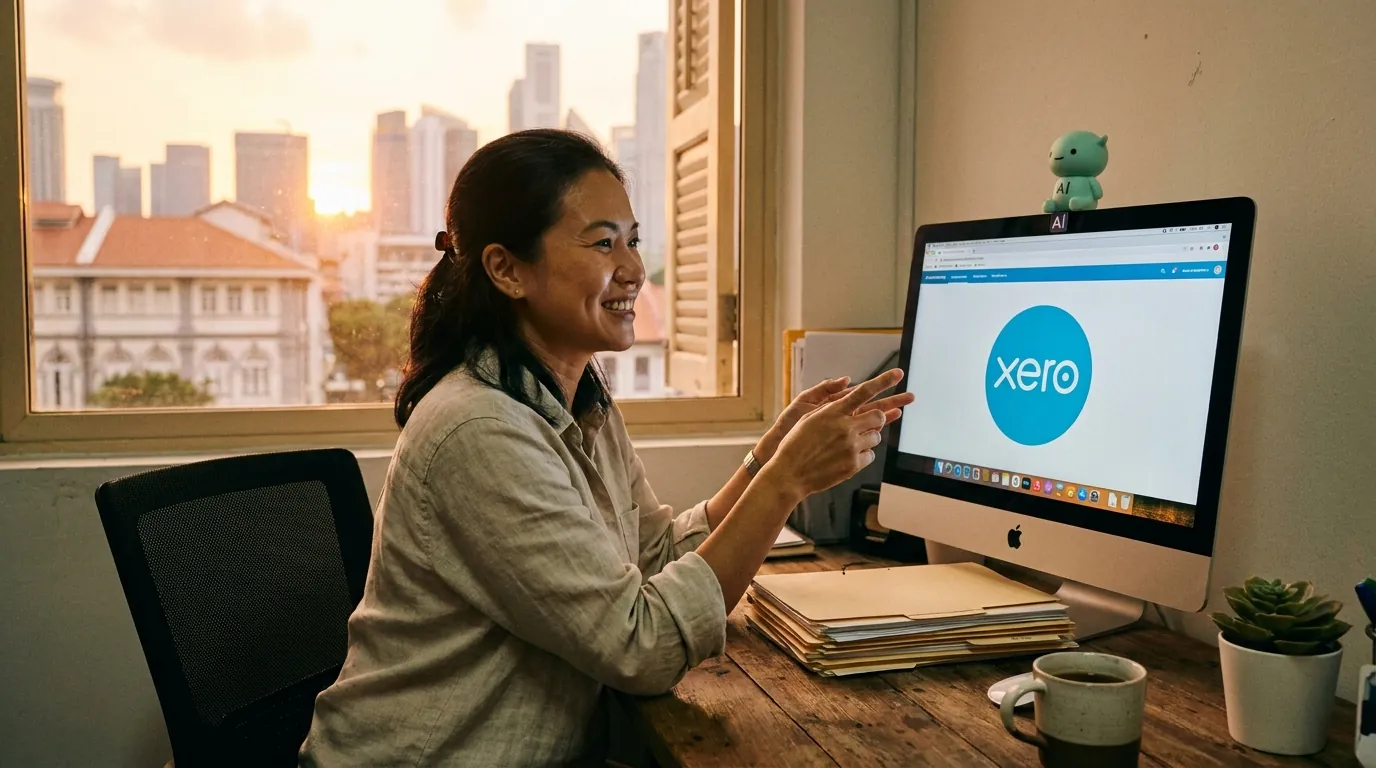 A wooden desk in a Melbourne co-working space at golden hour, a thin laptop showing the Xero dashboard, a world map sticker on the laptop showing Australia, UK, NZ, SG, and the mint-green minidesk mascot with a small 'AI' globe.