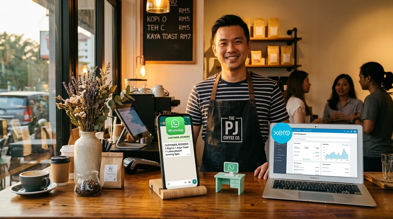 A wooden desk in a London co-working space, a smartphone showing a WhatsApp conversation in English next to a thin laptop showing the Xero dashboard, and the coral-terracotta marketer mascot with a small globe badge.