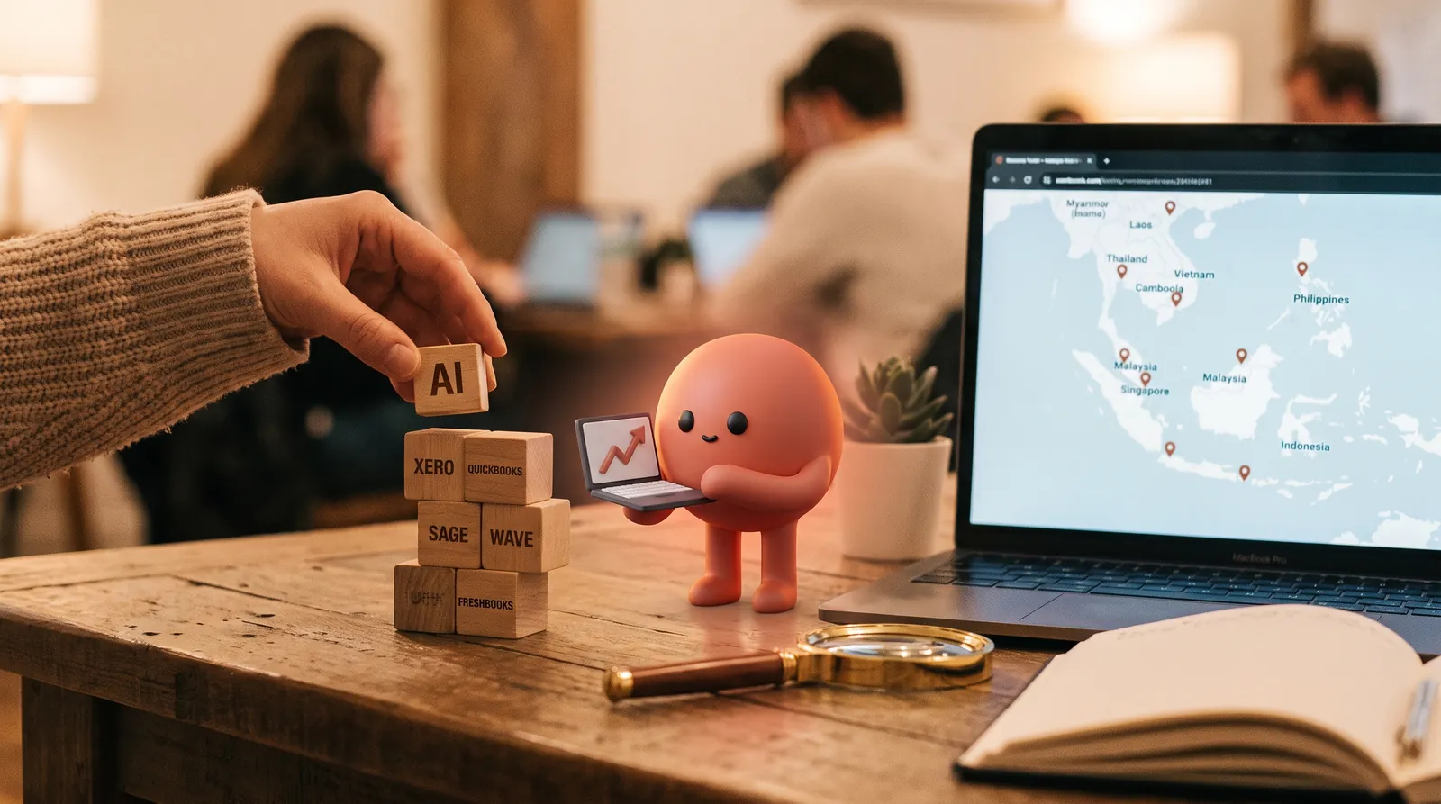 A wooden table in a warm co-working space at golden hour, an open laptop showing a world map with pins across Southeast Asia, a hand placing a small wooden 'AI' block on a stack of small wooden books labelled with accounting software names, with the coral-terracotta marketer mascot presenting the setup.